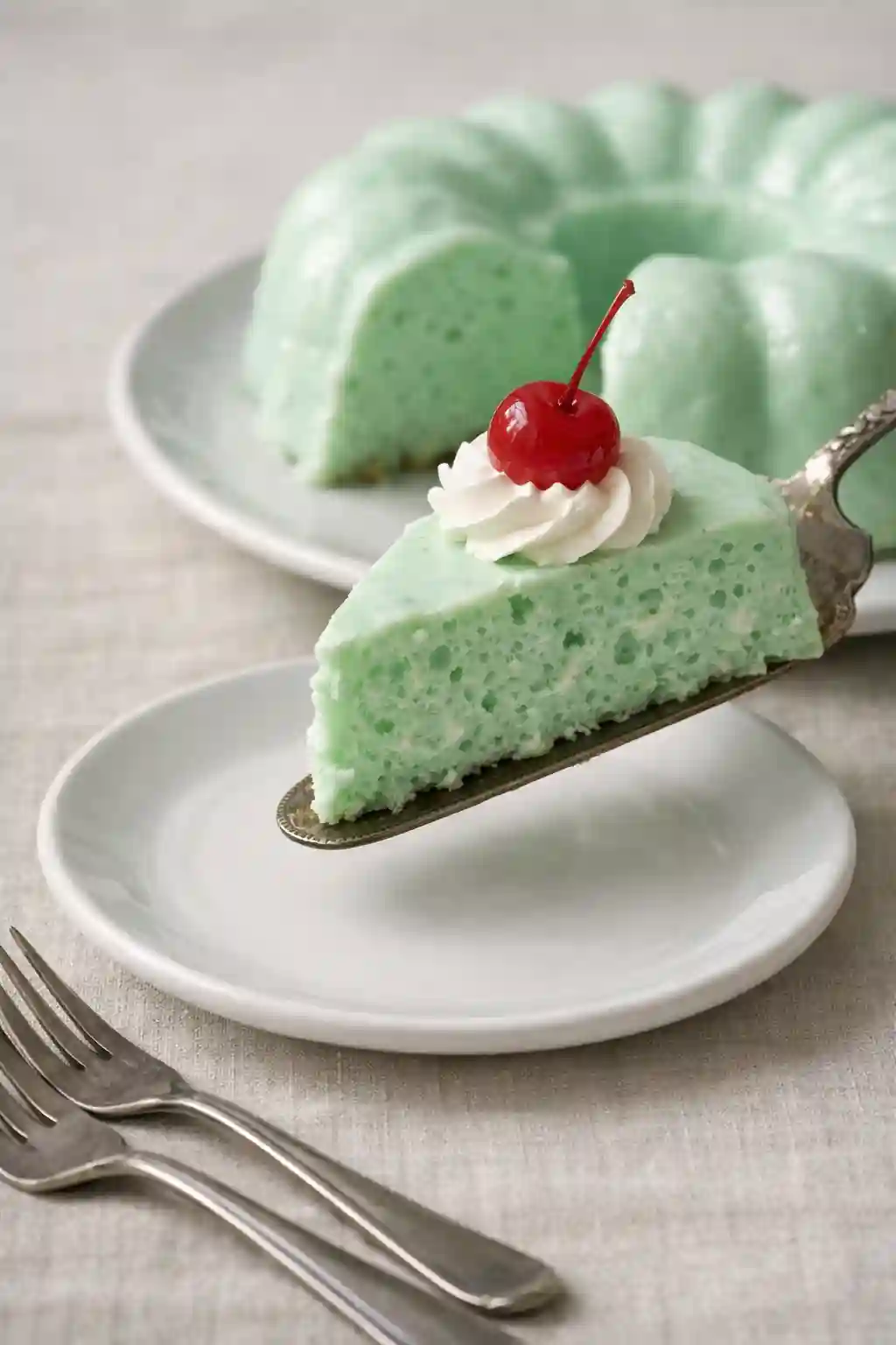 Retro Seafoam Salad slice being served Slice of Retro Seafoam Salad served on a cake server topped with whipped cream and a maraschino cherry