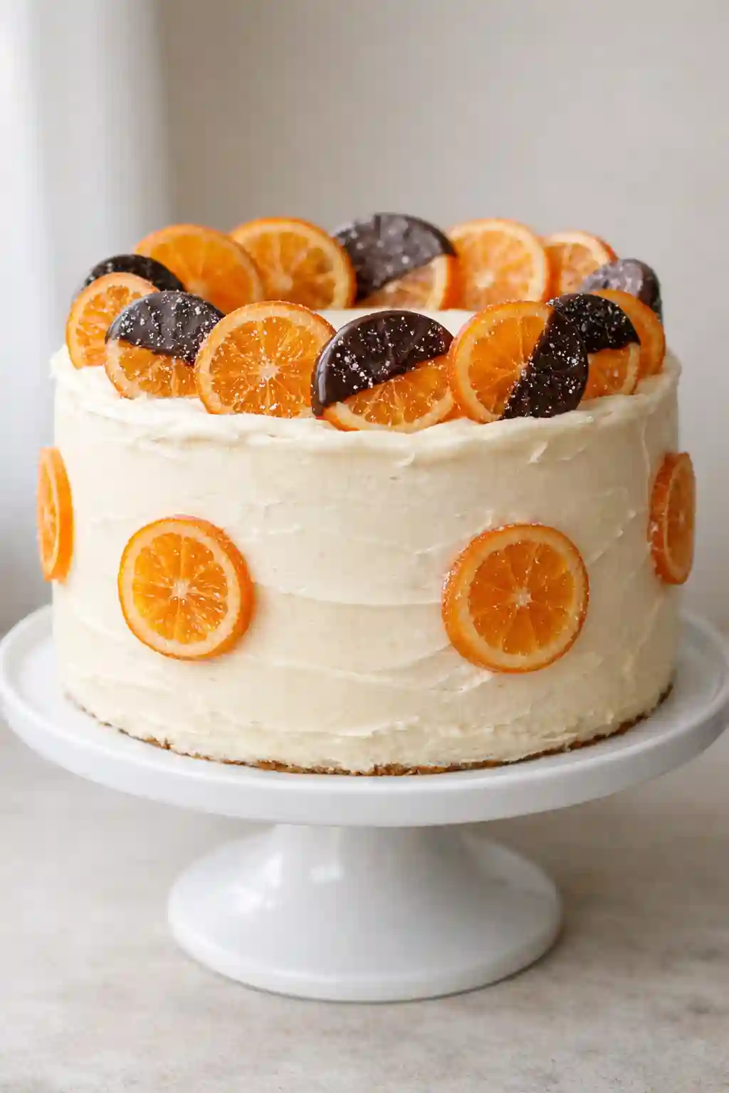 Whole vanilla layer cake decorated with Classic Candied Orange Slices and dark chocolate dipped orange slices