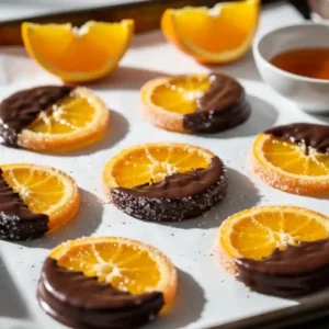 Classic Candied Orange Slices dipped in dark chocolate with sugar coating on parchment paper