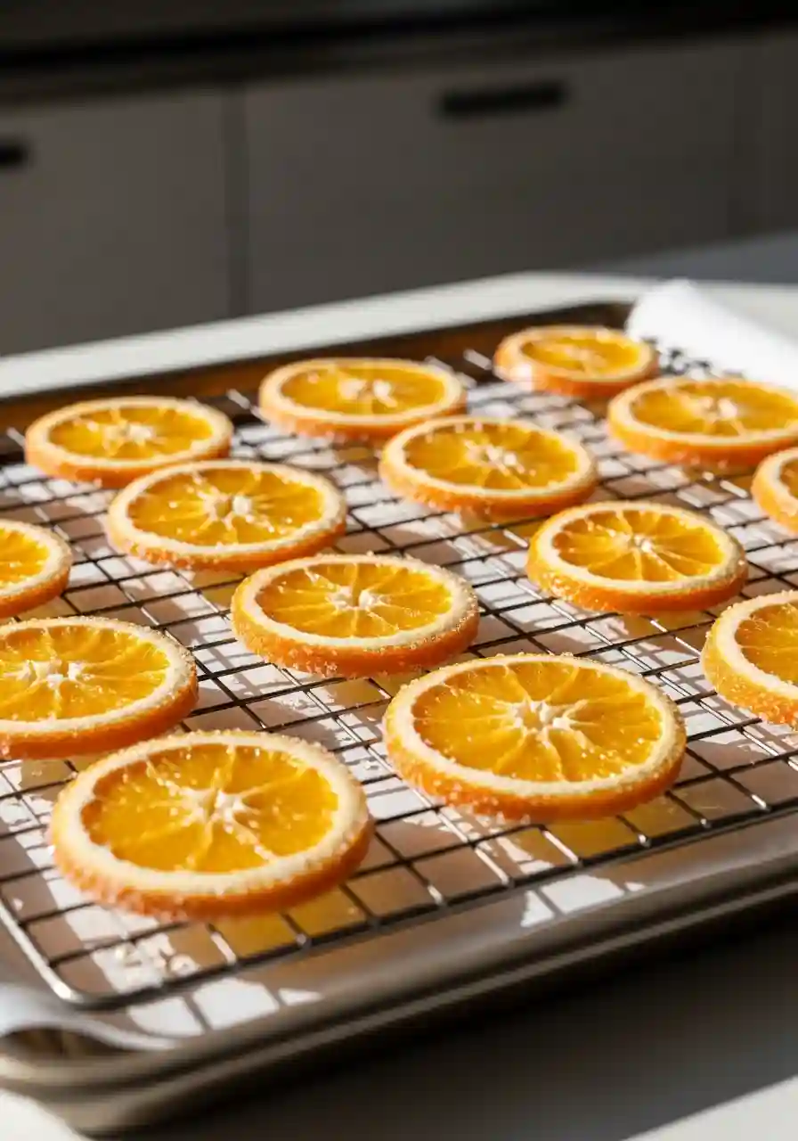 Classic Candied Orange Slices drying on a wire rack after simmering in sugar syrup