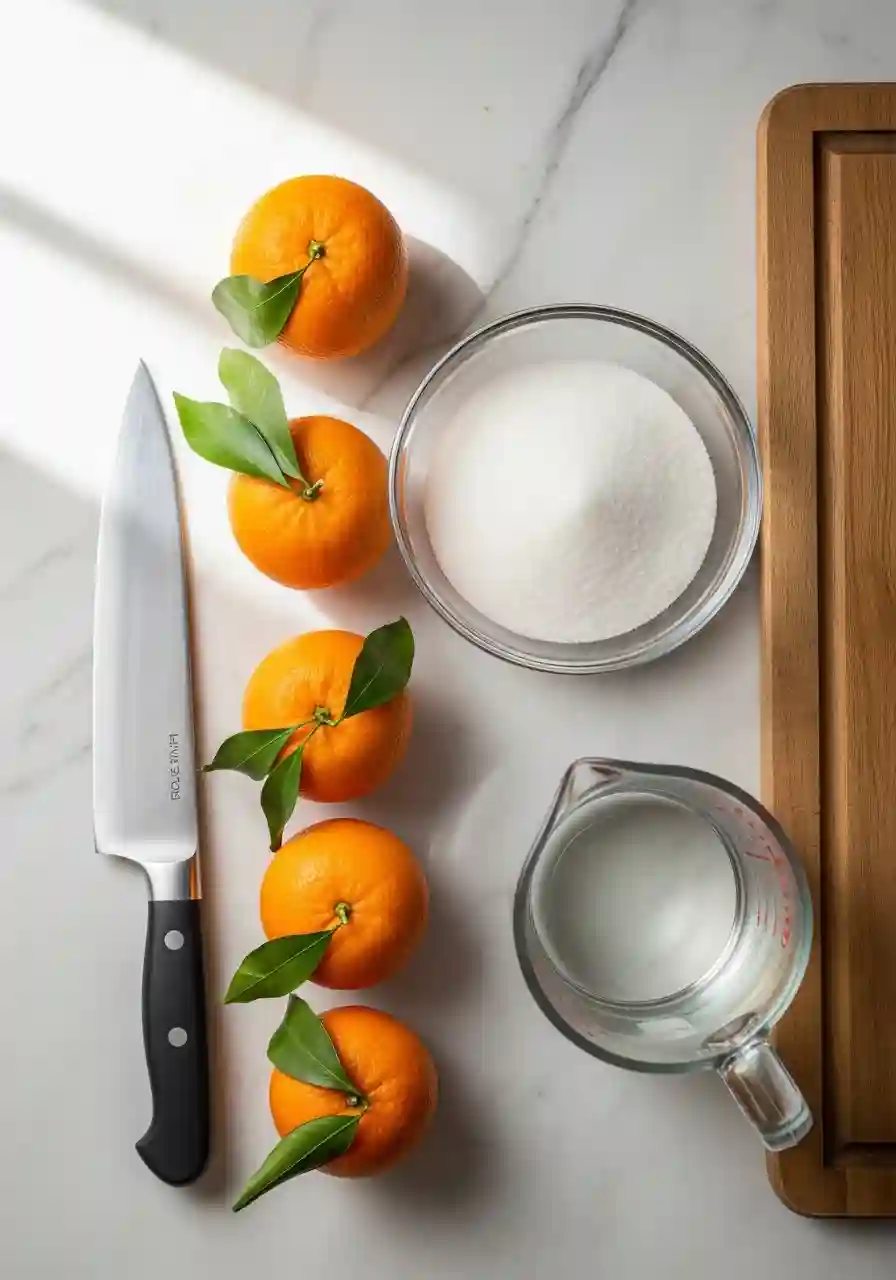 Ingredients for Classic Candied Orange Slices including fresh oranges, granulated sugar, water, knife and cutting board