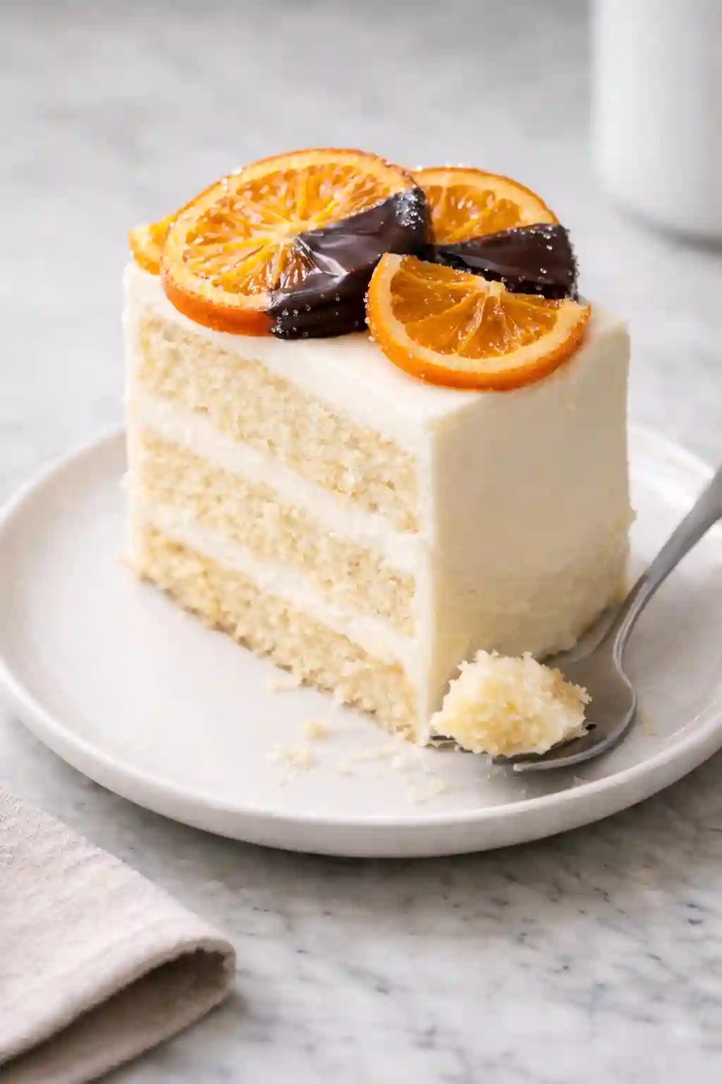 Slice of vanilla cake topped with Classic Candied Orange Slices dipped in dark chocolate
