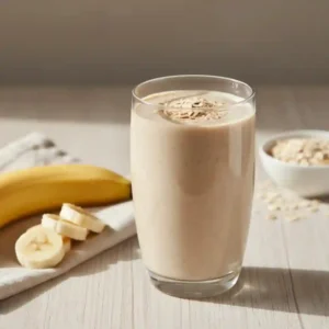 Oats smoothie for weight loss made with rolled oats and banana served in a glass on a wooden table