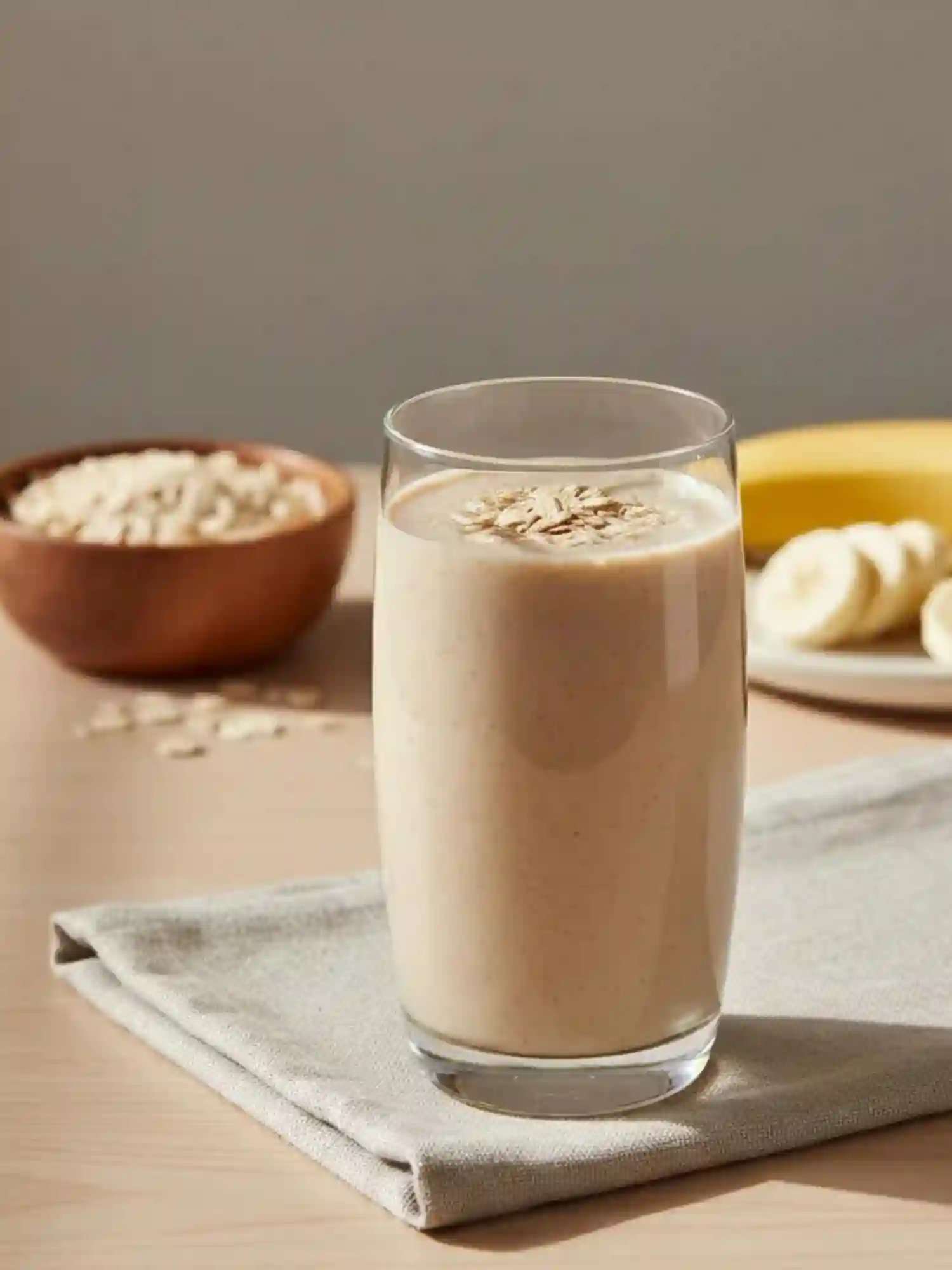 Oats smoothie for weight loss served in a glass topped with rolled oats on a wooden table