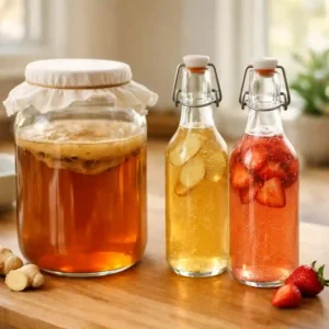 How to Make Kombucha at Home showing first fermentation jar with SCOBY and fruit flavored bottles during second fermentation on wooden kitchen counter