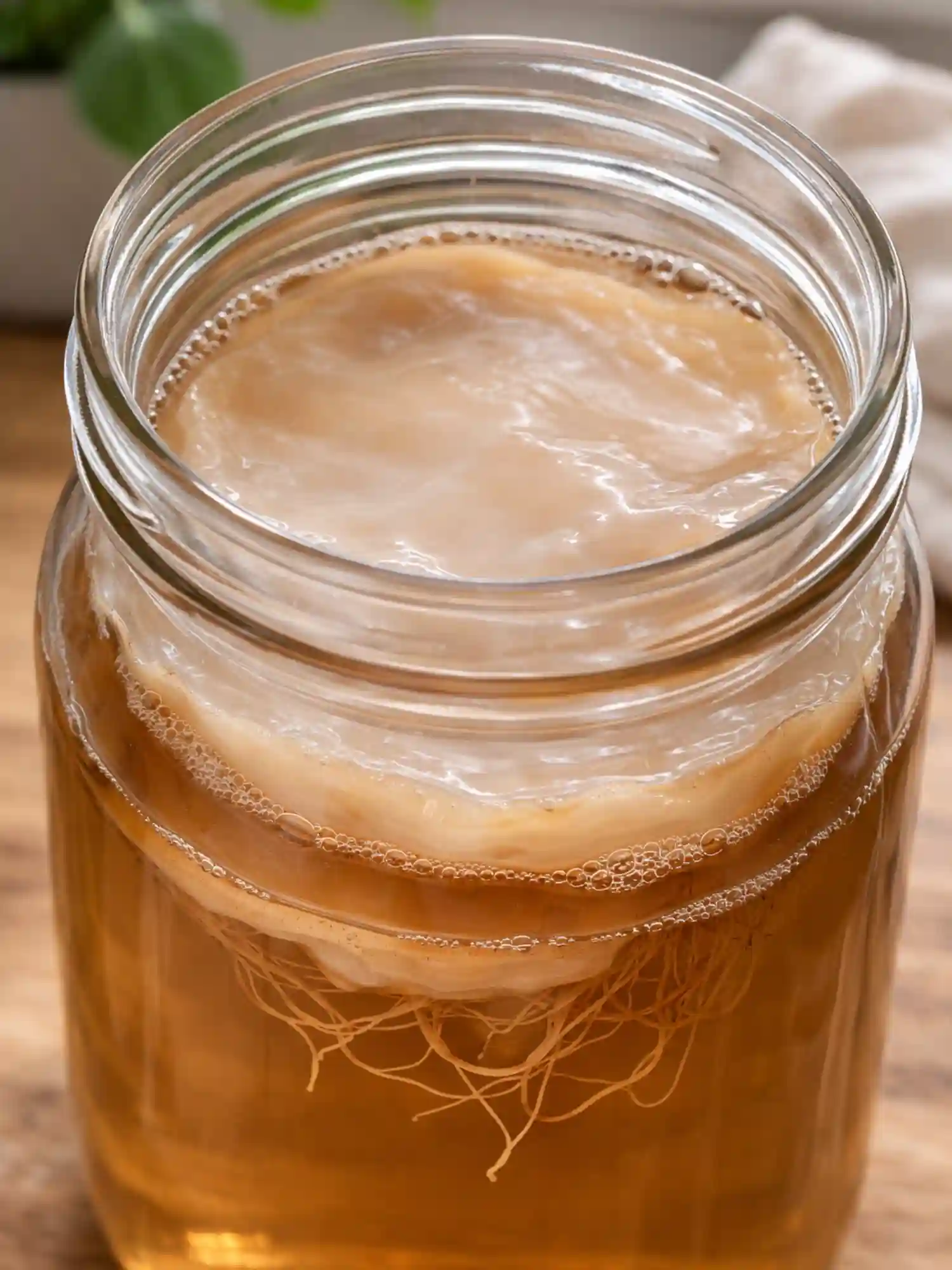 How to Make Kombucha at Home First Fermentation Stage How to Make Kombucha at Home first fermentation with SCOBY floating on top of tea in glass jar