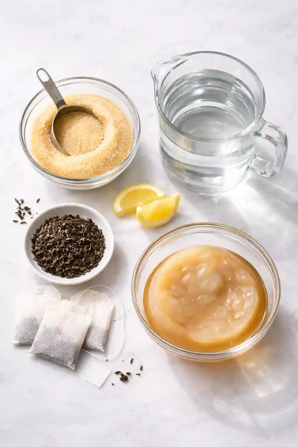 How to Make Kombucha at Home Ingredients List How to Make Kombucha at Home ingredients including black tea, cane sugar, filtered water, lemon slices, tea bags, and SCOBY on marble surface