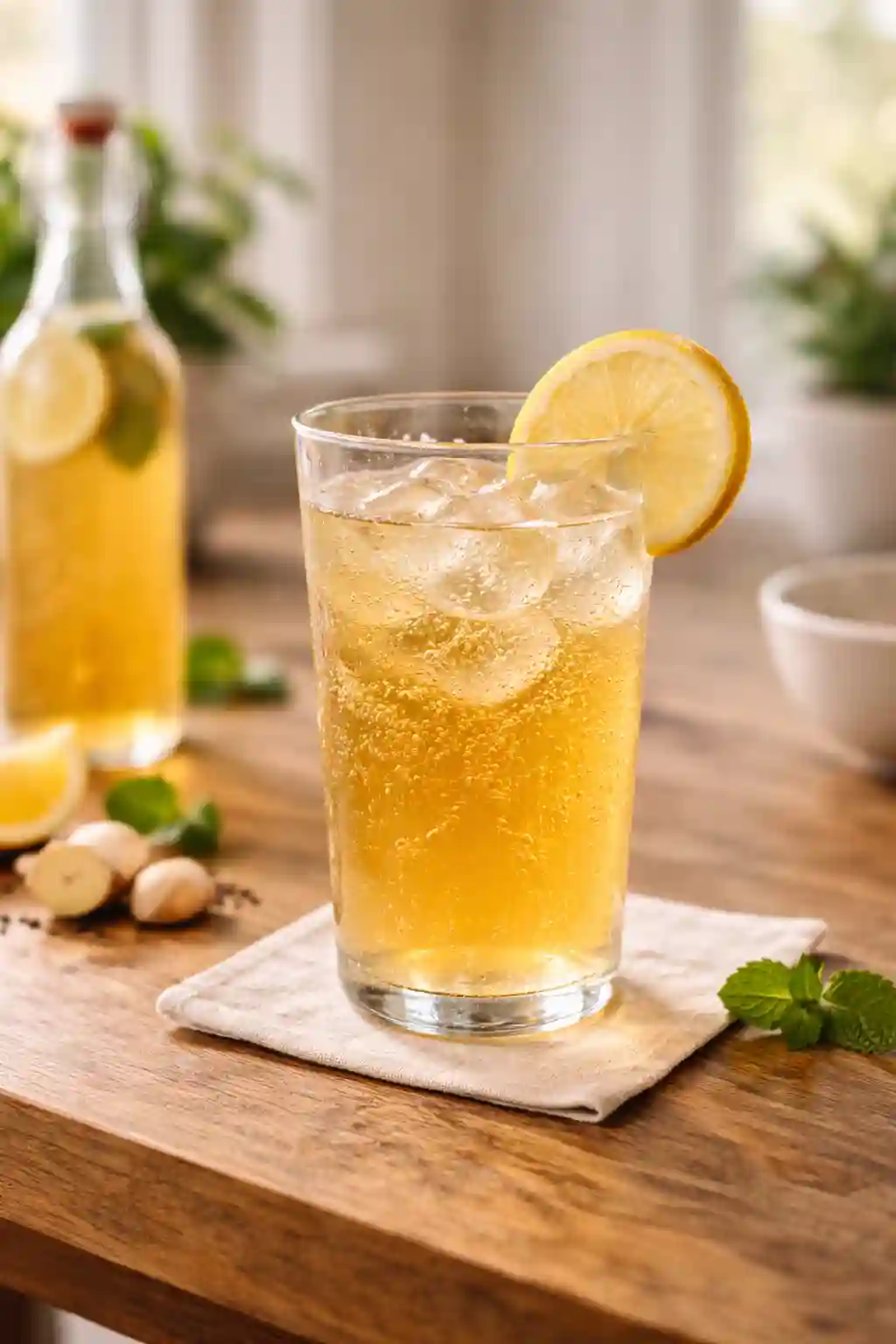 How to Make Kombucha at Home Served and Ready to Drink How to Make Kombucha at Home served over ice with lemon slice in glass showing natural carbonation