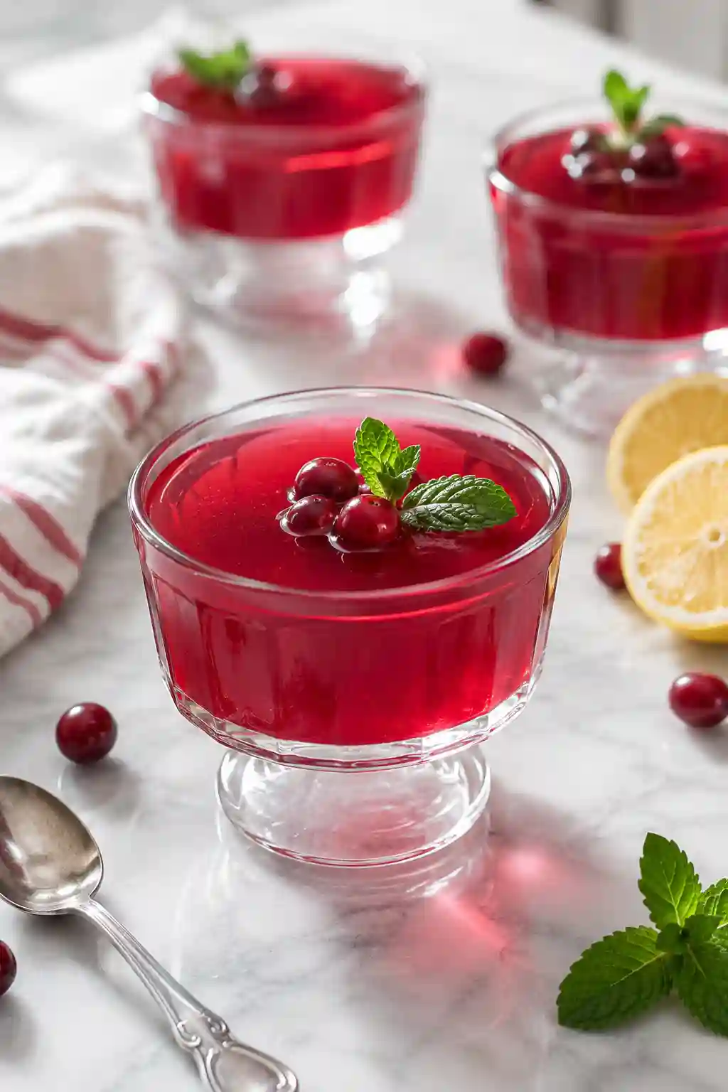Bariatric Gelatin Recipe for Weight Loss served in elegant glass dessert cups with fresh cranberries, mint leaves, and lemon slices.