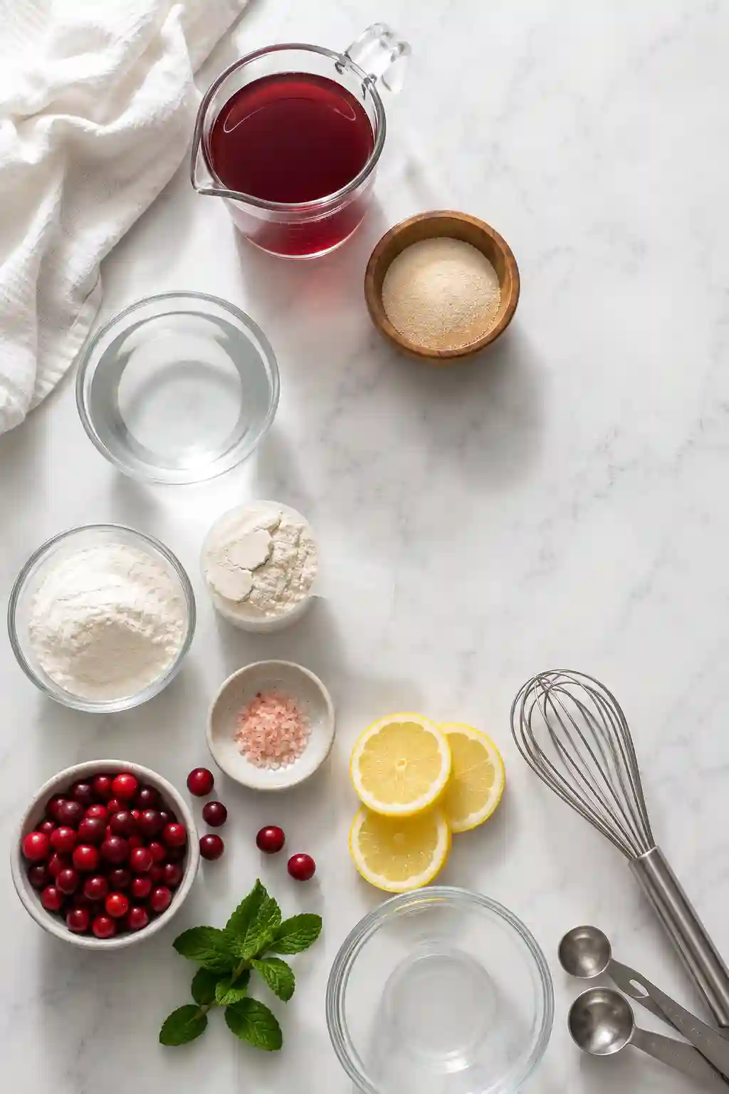 Ingredients for a Bariatric Gelatin Recipe for Weight Loss including unflavored gelatin powder, sugar free cranberry juice, whey protein isolate, collagen peptides, lemon, cranberries, and mint.