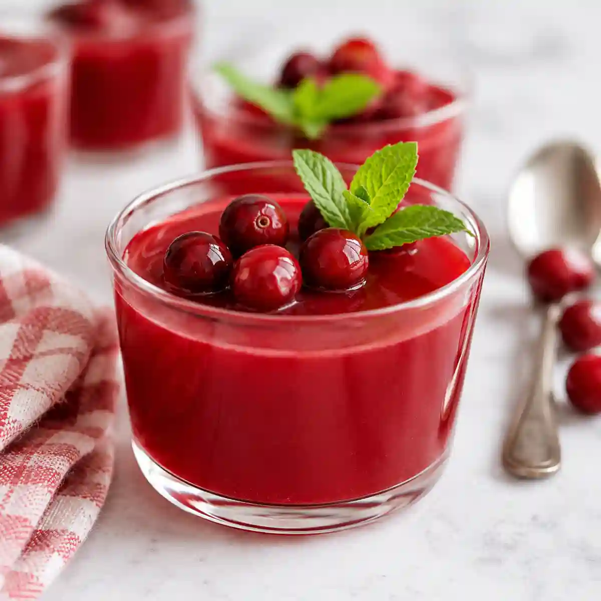 Bariatric Gelatin Recipe for Weight Loss served in a clear glass cup with fresh cranberries and mint on a white marble countertop.
