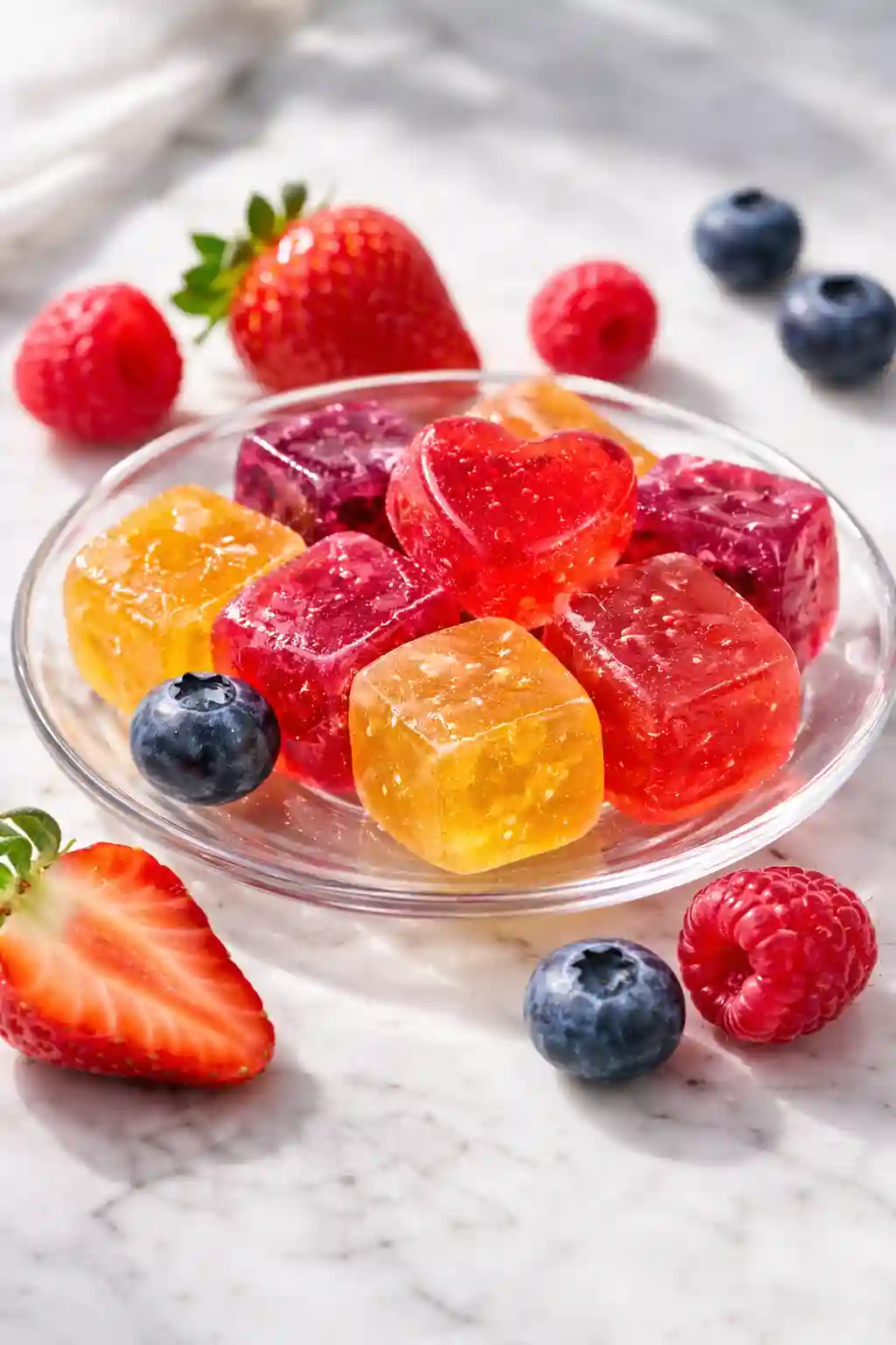 collagen gelatin recipe basic fruit gelatin cubes and heart shaped gummies in a glass bowl with fresh strawberries raspberries and blueberries