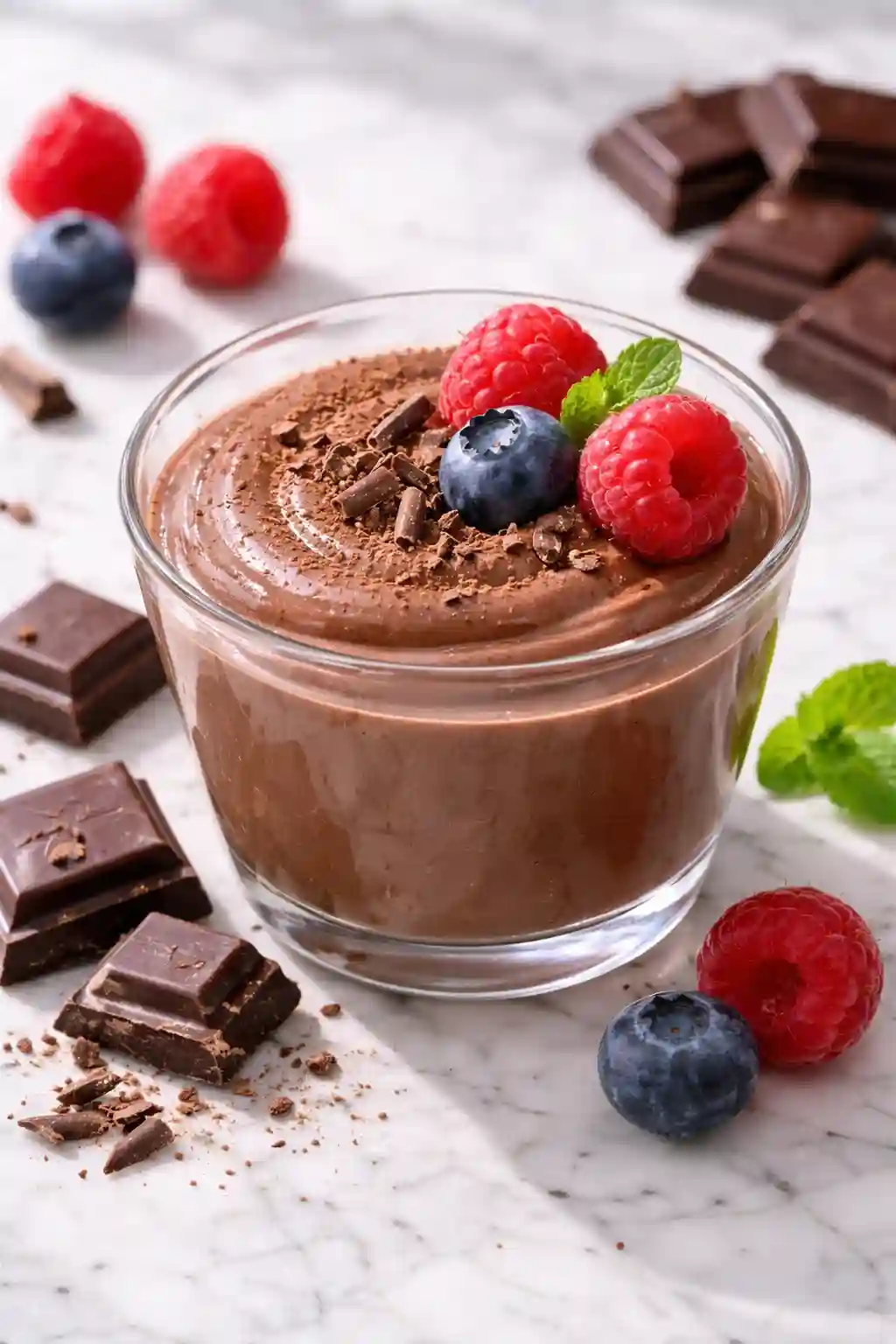 collagen gelatin recipe chocolate collagen dessert served in a glass bowl topped with raspberries blueberries and dark chocolate