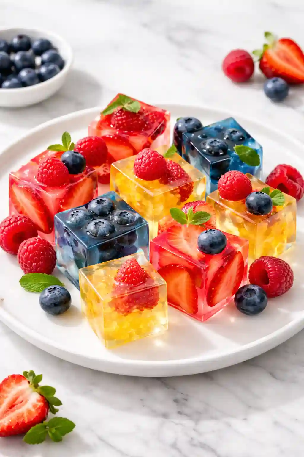 collagen gelatin recipe low calorie fruit gelatin cubes dessert for weight loss with strawberries raspberries and blueberries