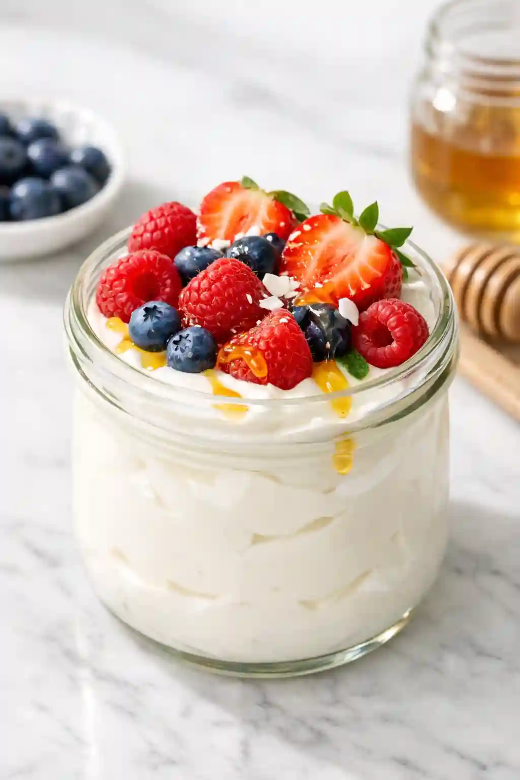 collagen gelatin recipe greek yogurt dessert topped with strawberries raspberries blueberries and honey