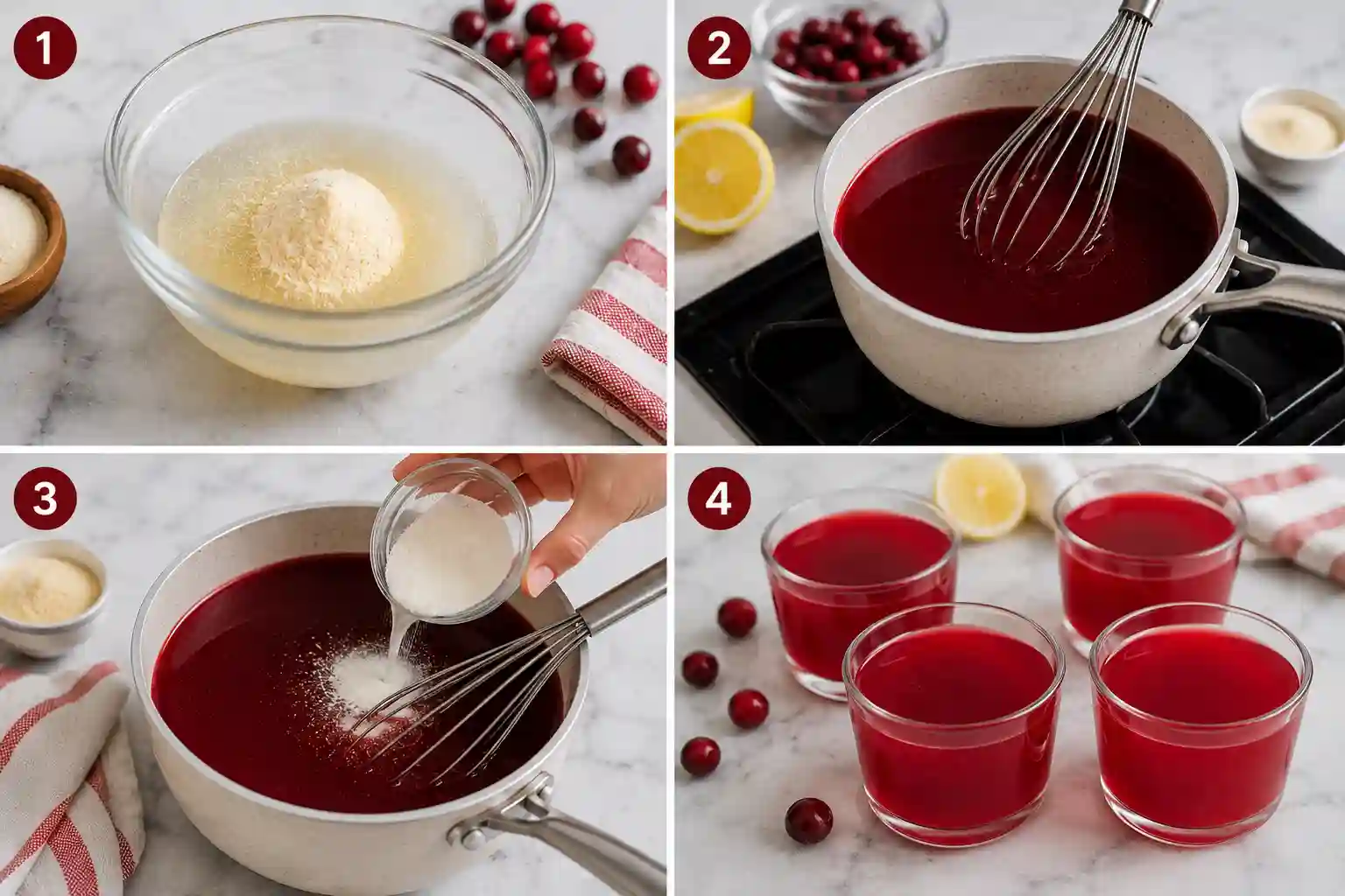 Four step collage showing how to make a Bariatric Gelatin Recipe for Weight Loss from blooming gelatin to the finished chilled dessert.