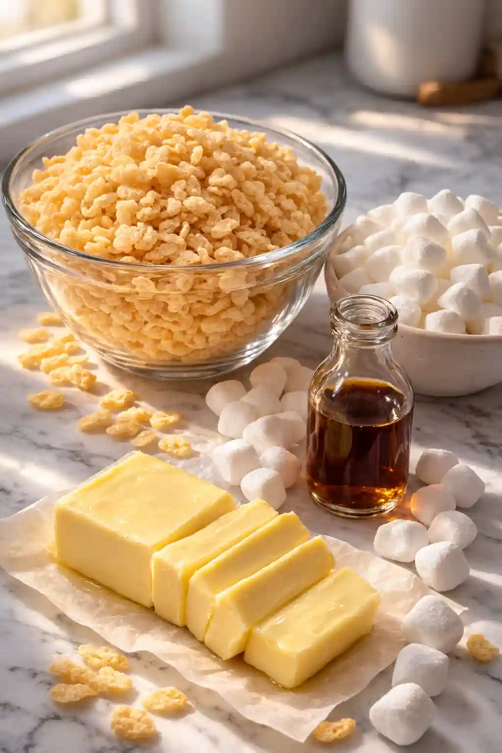 Rice Krispie Treats Recipe ingredients including Rice Krispies cereal, mini marshmallows, butter, and vanilla extract on a marble countertop.