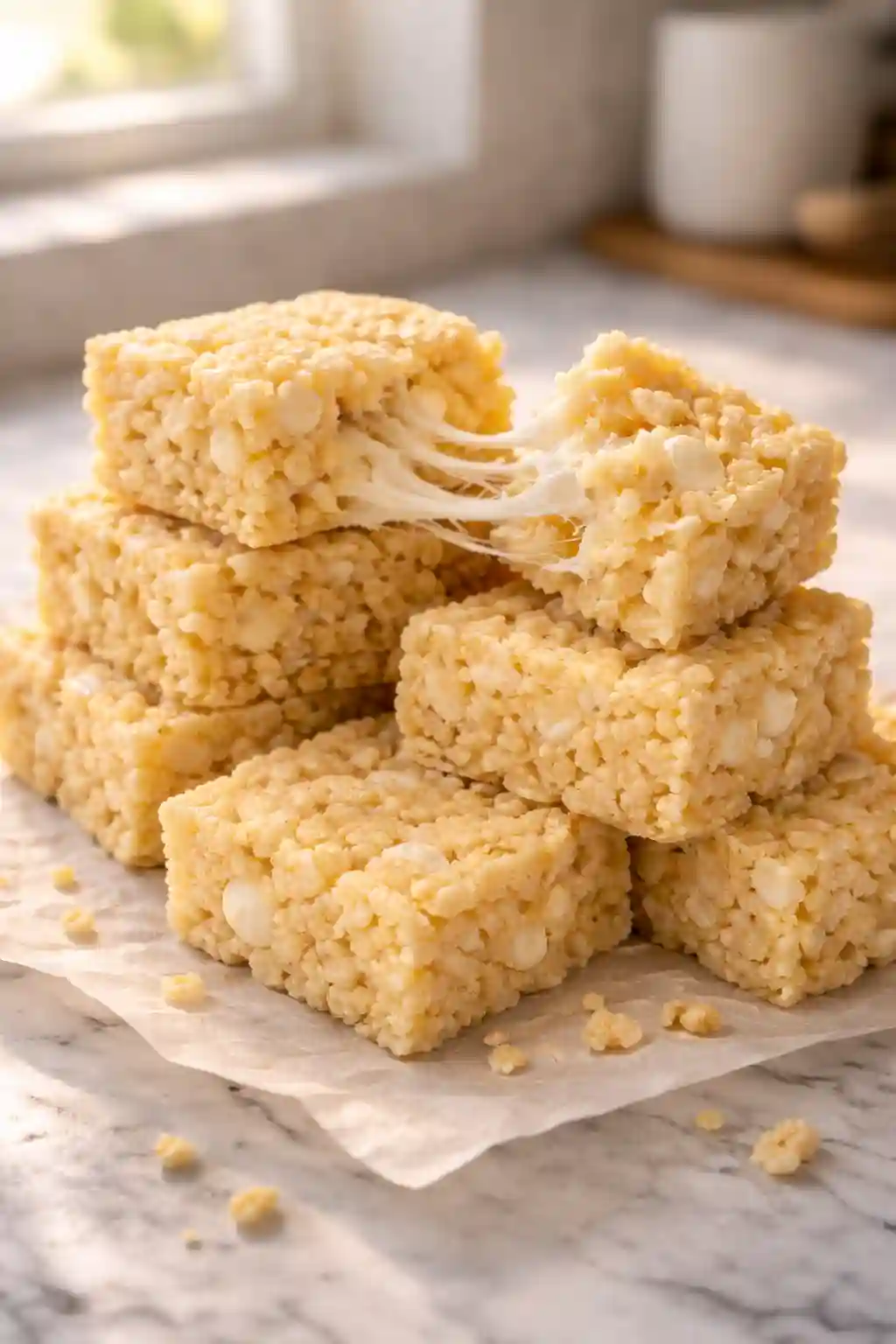 Rice Krispie Treats Recipe stacked in thick squares with gooey marshmallow stretch between two soft bars on parchment paper.