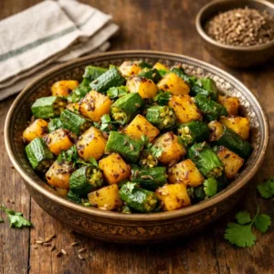 Indian Okra and Potato Stir Fry served in a rustic bowl with crispy okra, golden potatoes, cumin seeds, cilantro, and lime on a wooden table.
