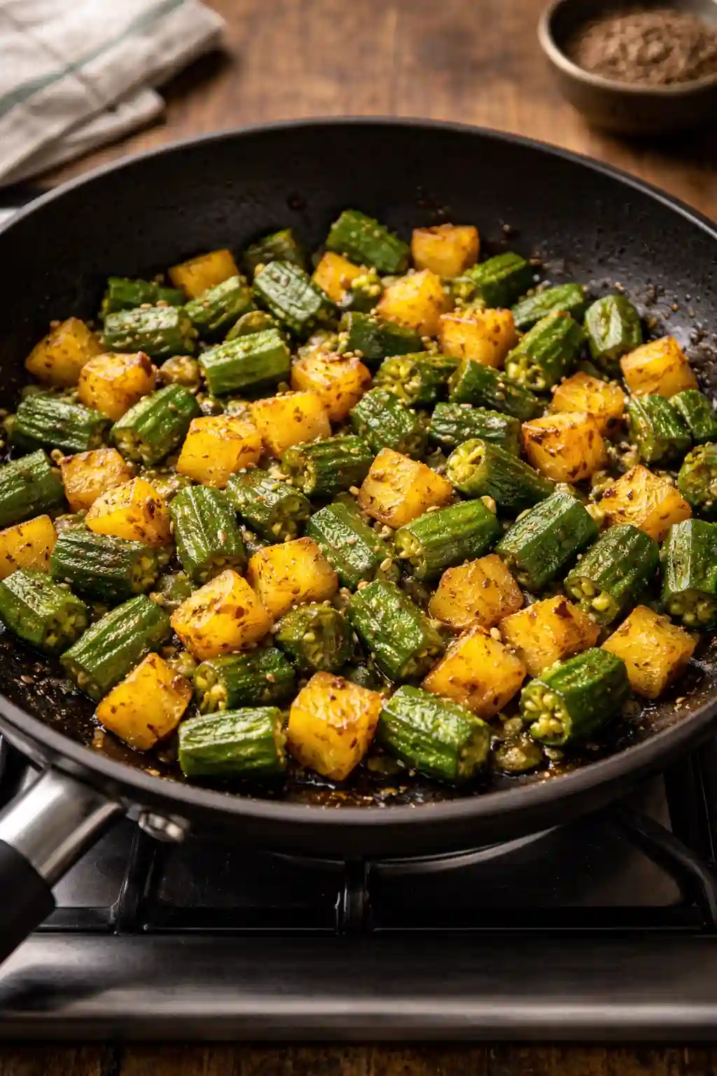 Cooking Indian Okra and Potato Stir Fry in Skillet Indian Okra and Potato Stir Fry cooking in a skillet with crispy okra, golden potatoes, and toasted cumin seeds.