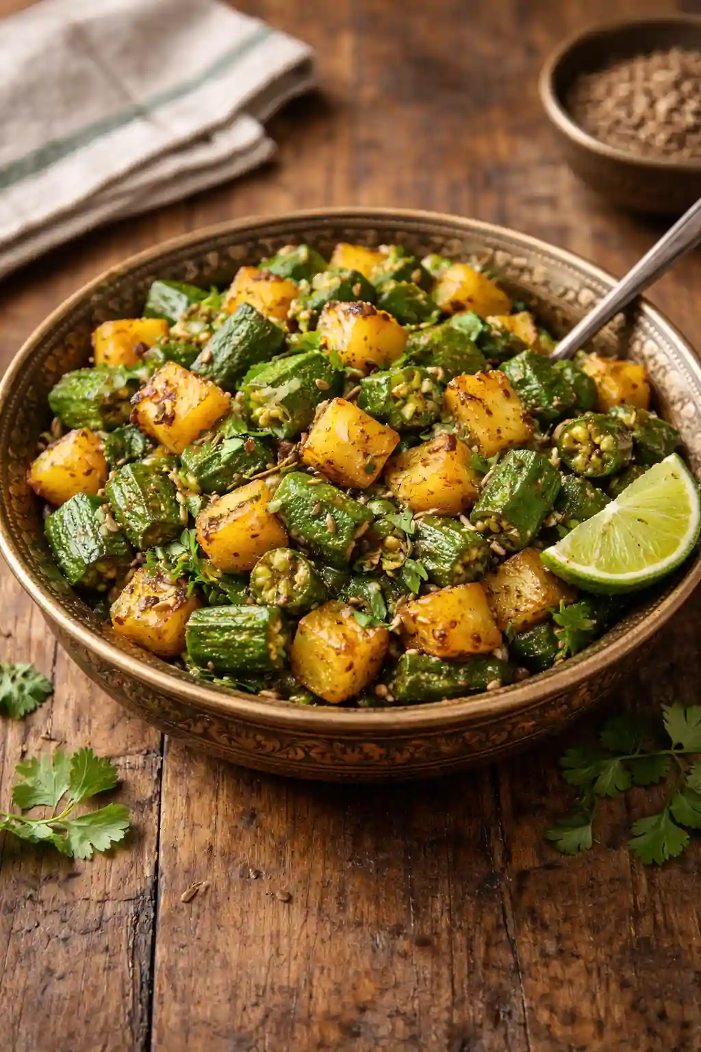 Indian Okra and Potato Stir Fry Crispy Serving Bowl Indian Okra and Potato Stir Fry served in a rustic bowl with crispy okra, golden potatoes, cumin seeds, fresh cilantro, and lime.