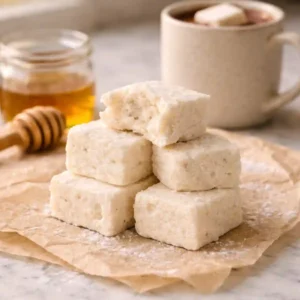 Healthy homemade marshmallows made with honey and gelatin stacked on parchment paper with hot chocolate in the background