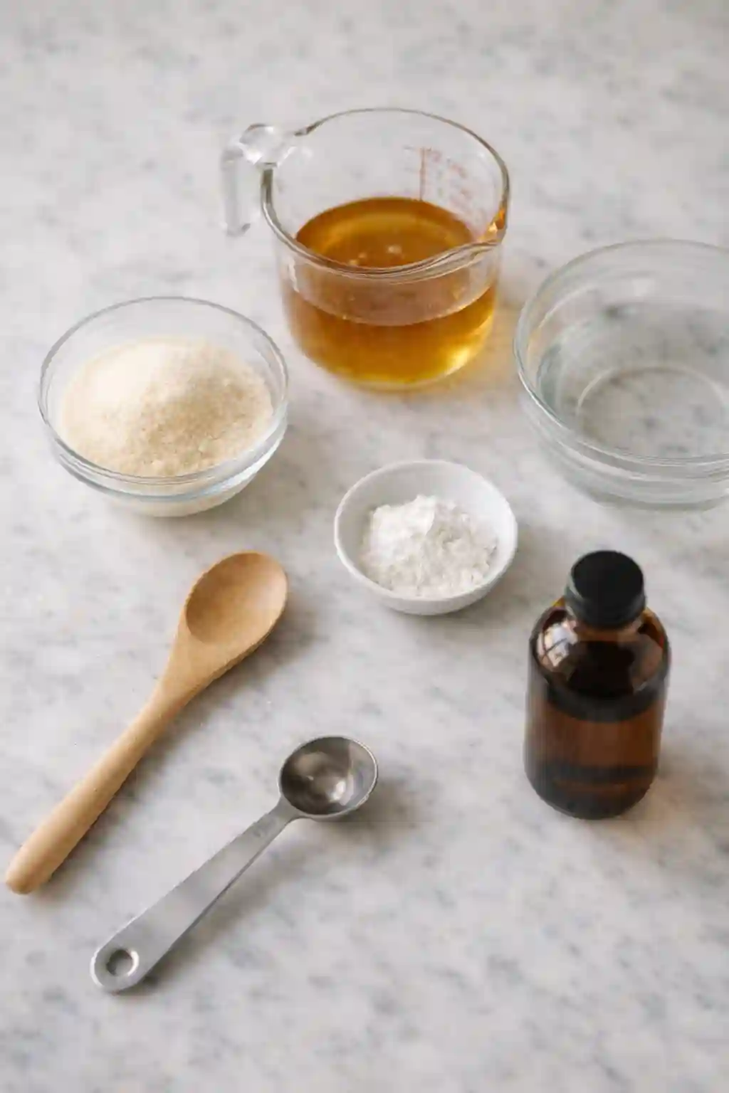 Ingredients for healthy homemade marshmallows including honey, gelatin, vanilla extract, water, and arrowroot powder on a marble surface