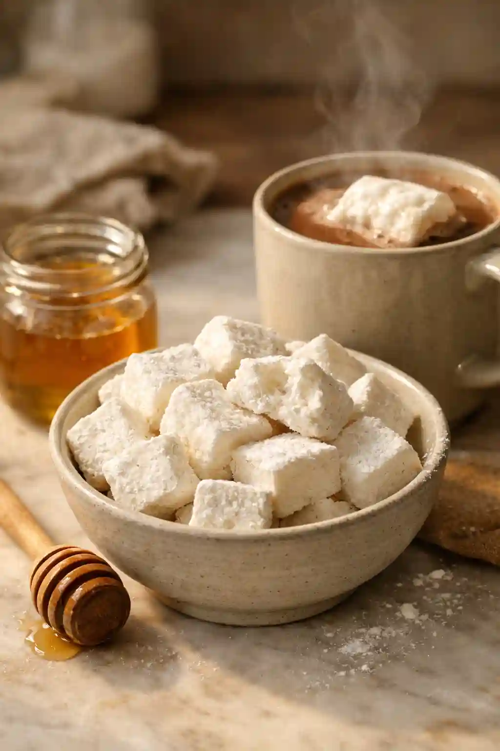 Healthy homemade marshmallows served in a bowl with hot chocolate, honey jar, and wooden dipper in a cozy kitchen setting