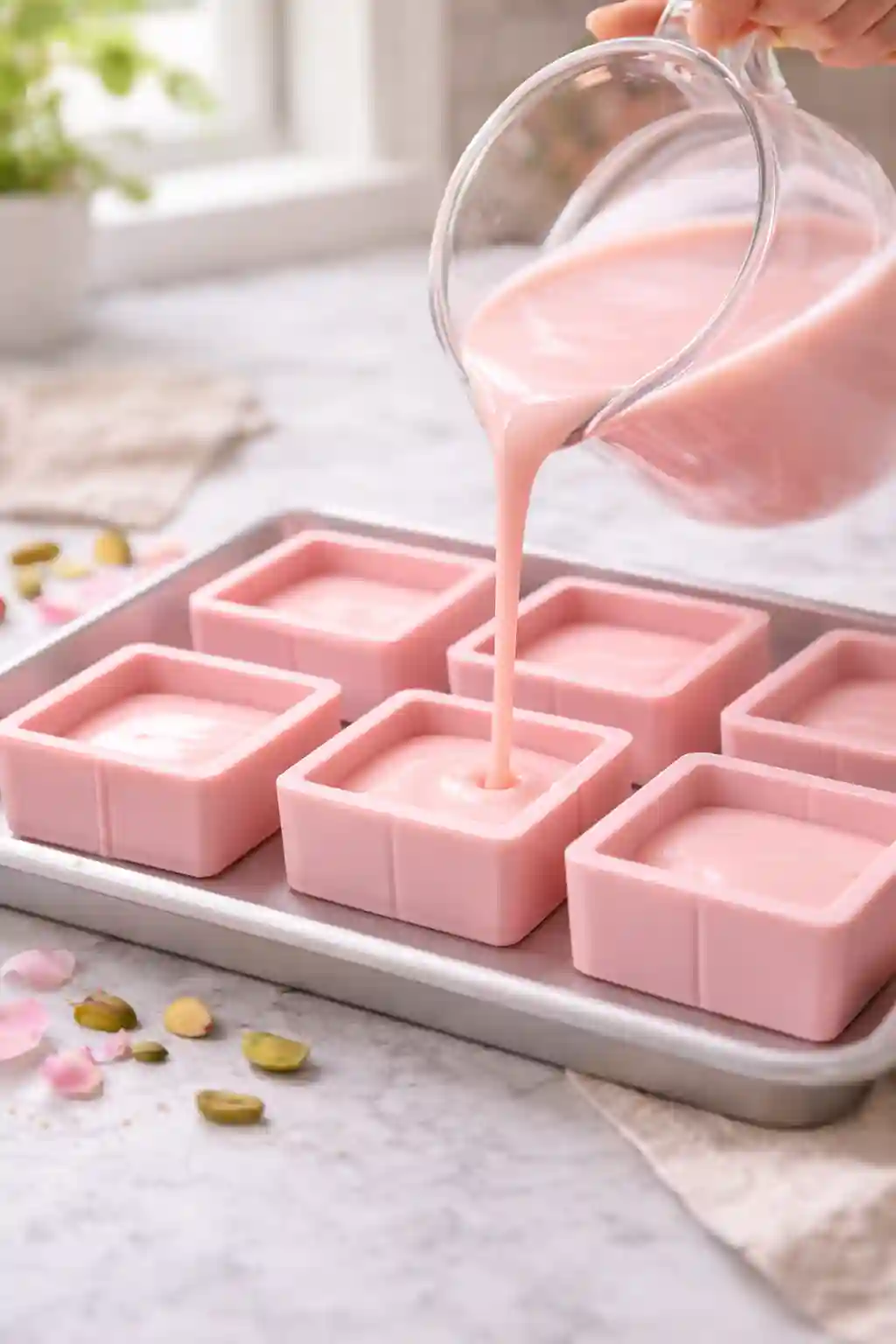 Pouring Rose Milk Gelatin into Square Molds Pouring rose milk gelatin mixture into square silicone molds for rose milk gelatin recipe