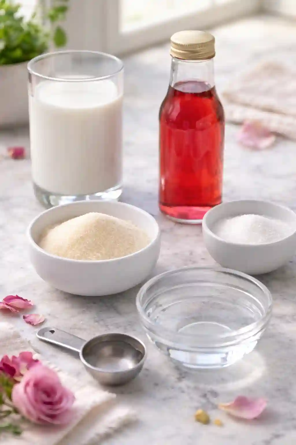 Rose Milk Gelatin Recipe Ingredients Ingredients for rose milk gelatin recipe including milk, rose syrup, gelatin powder, sugar, and water on a marble kitchen counter