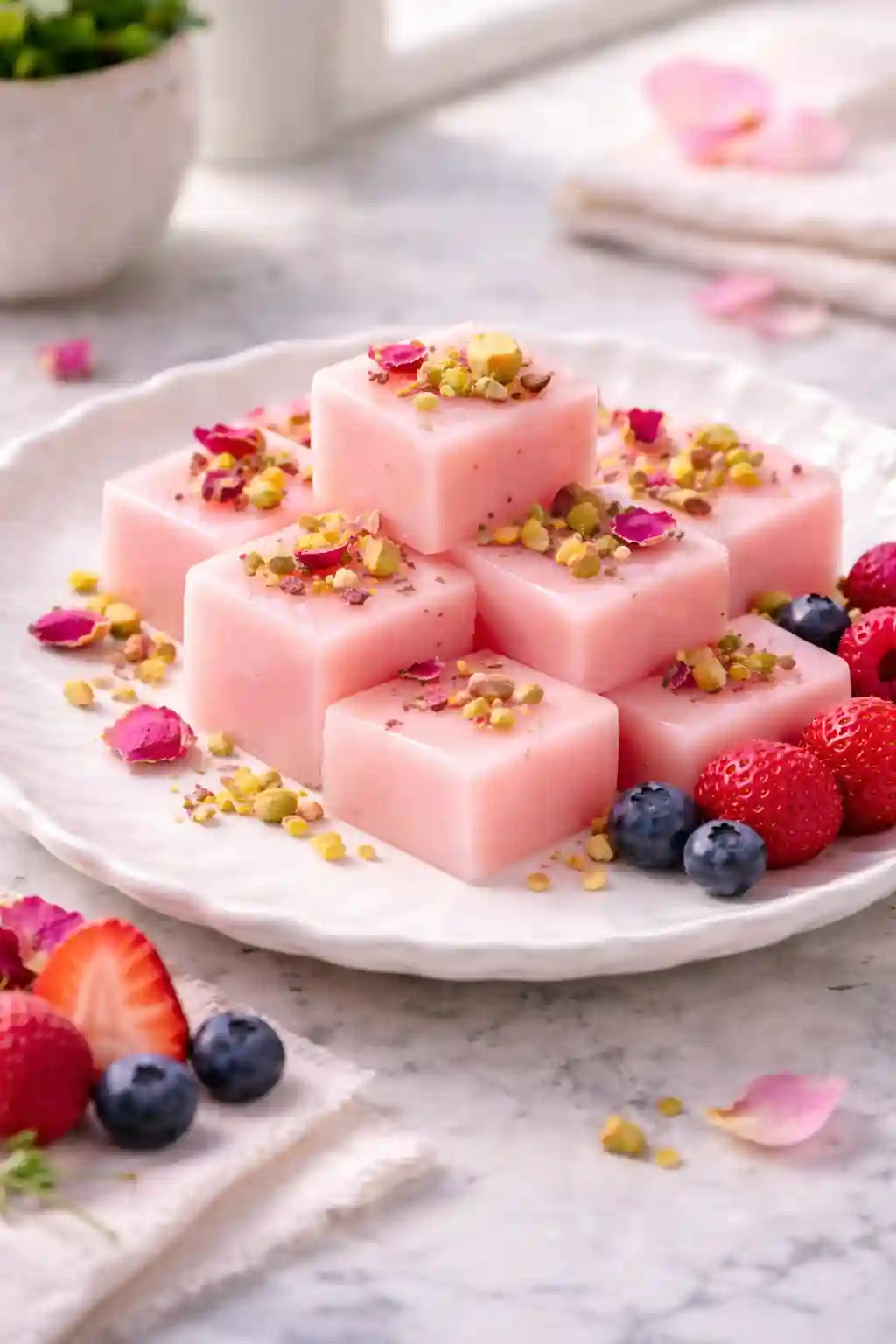 Rose Milk Gelatin Dessert Served with Fresh Berries Rose milk gelatin cubes topped with pistachios and rose petals served with strawberries and blueberries on a white plate