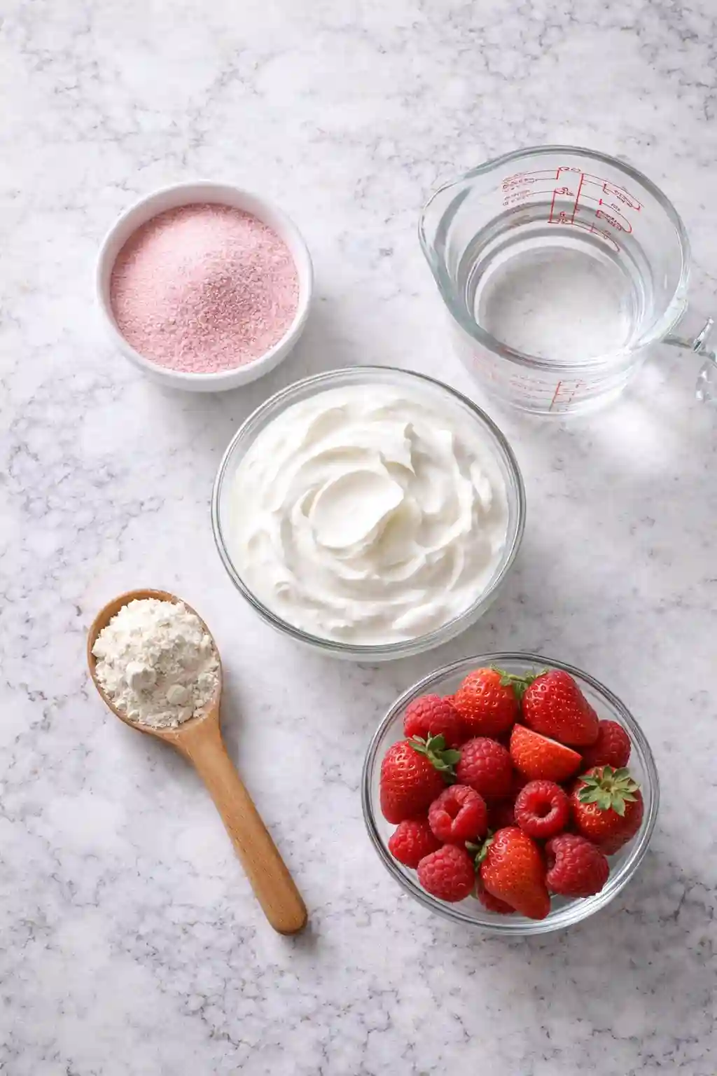 Ingredients for high protein gelatin dessert including Greek yogurt sugar free gelatin protein powder fresh strawberries raspberries and water on marble countertop