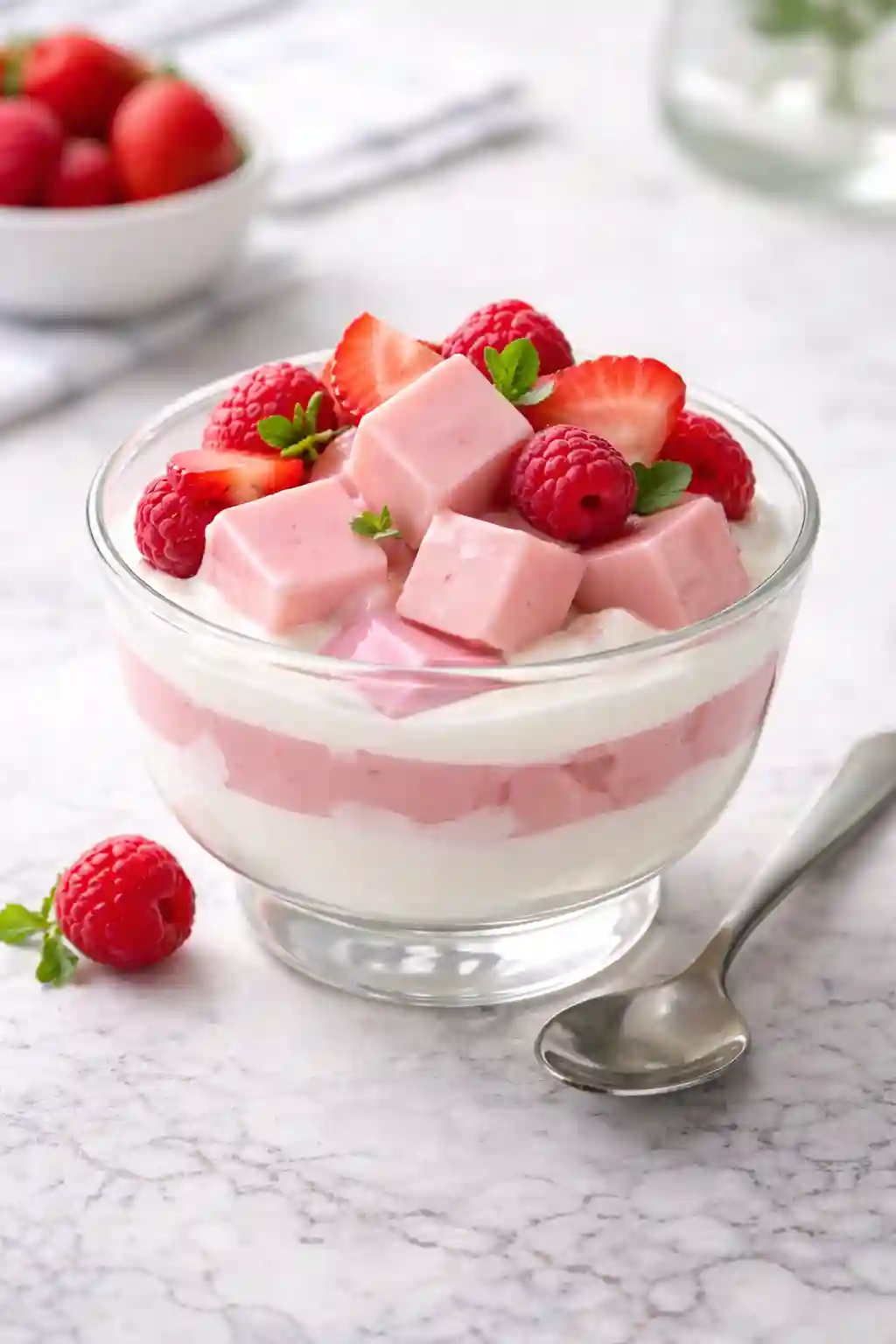 High protein gelatin dessert with Greek yogurt layers topped with raspberries and strawberries served in a glass bowl