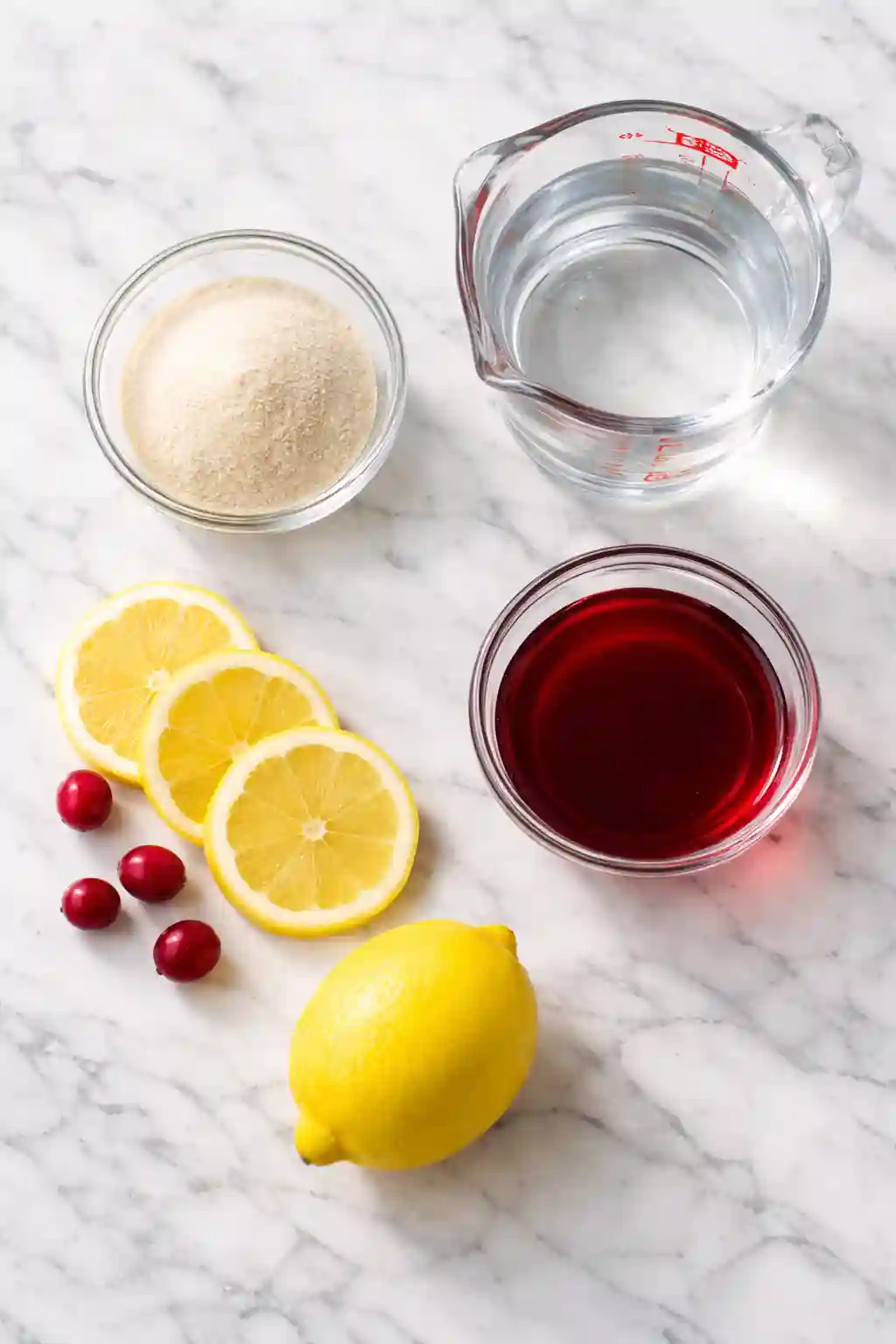 ingredients for bariatric gelatin recipe for weight loss including plain gelatin, water, lemon slices, and cranberry juice