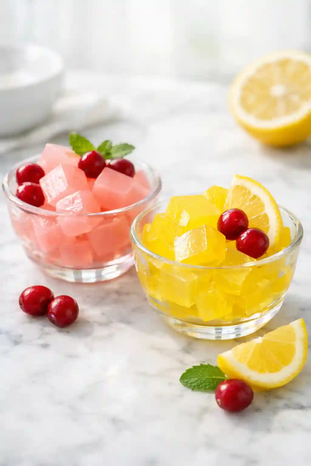 bariatric gelatin recipe for weight loss with lemon and cranberry gelatin cubes served in glass bowls