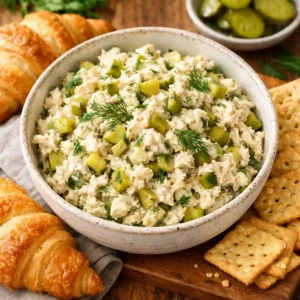 dill pickle chicken salad recipe served in a bowl with croissants and crackers