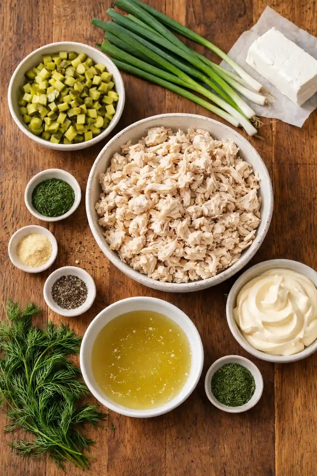 ingredients for dill pickle chicken salad recipe including shredded chicken, diced dill pickles, green onions, mayonnaise, cream cheese, dill and seasonings