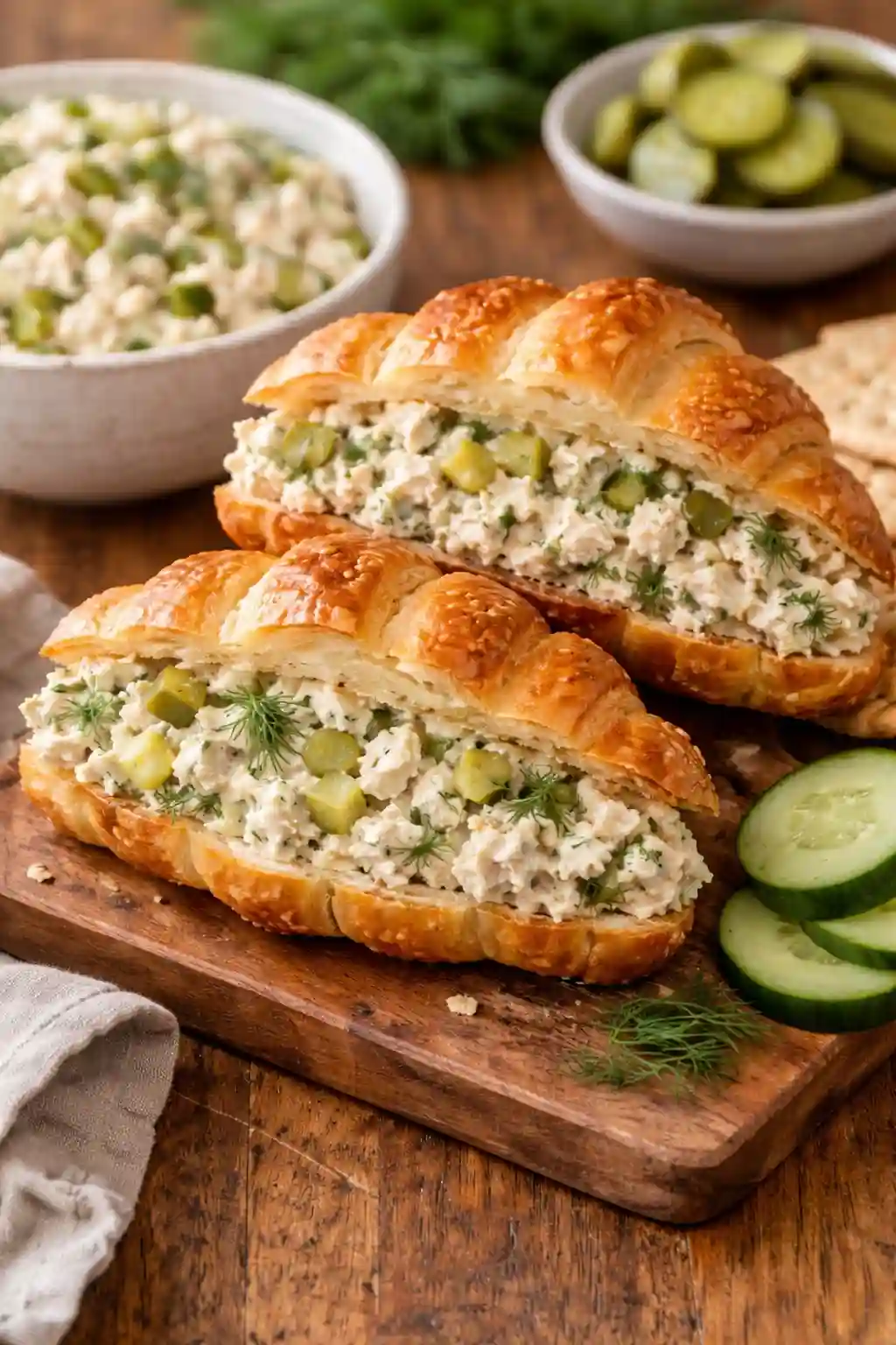 dill pickle chicken salad recipe served in a croissant sandwich with pickles and cucumber slices