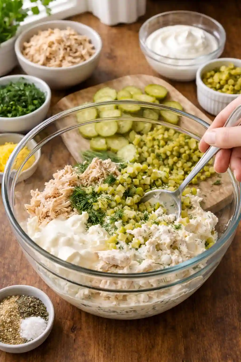 mixing dill pickle chicken dip in a glass bowl with shredded chicken cream cheese sour cream chopped pickles and fresh dill