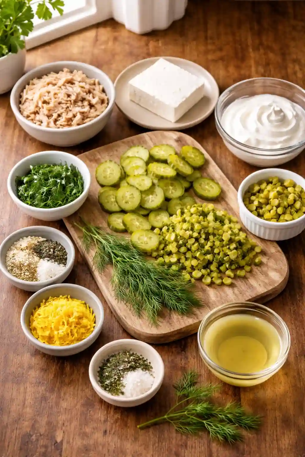 ingredients for dill pickle chicken dip including shredded chicken cream cheese sour cream chopped pickles fresh dill seasoning and pickle juice