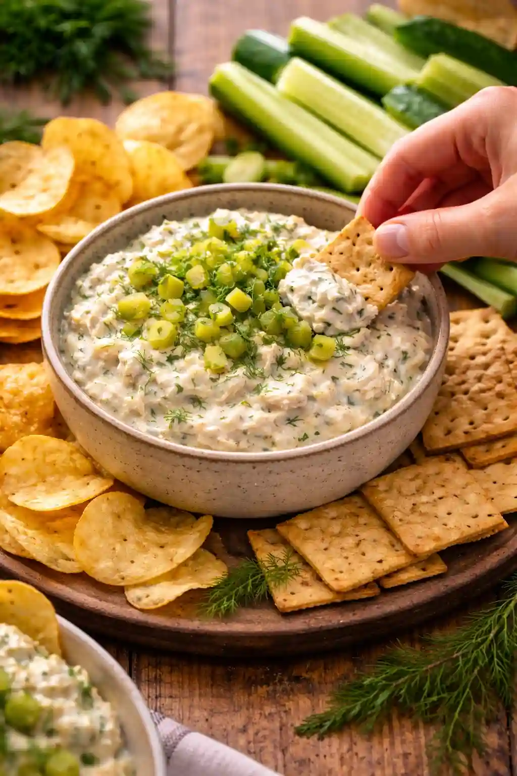 serving dill pickle chicken dip with a cracker topped with chopped pickles and fresh dill surrounded by chips crackers celery and cucumber