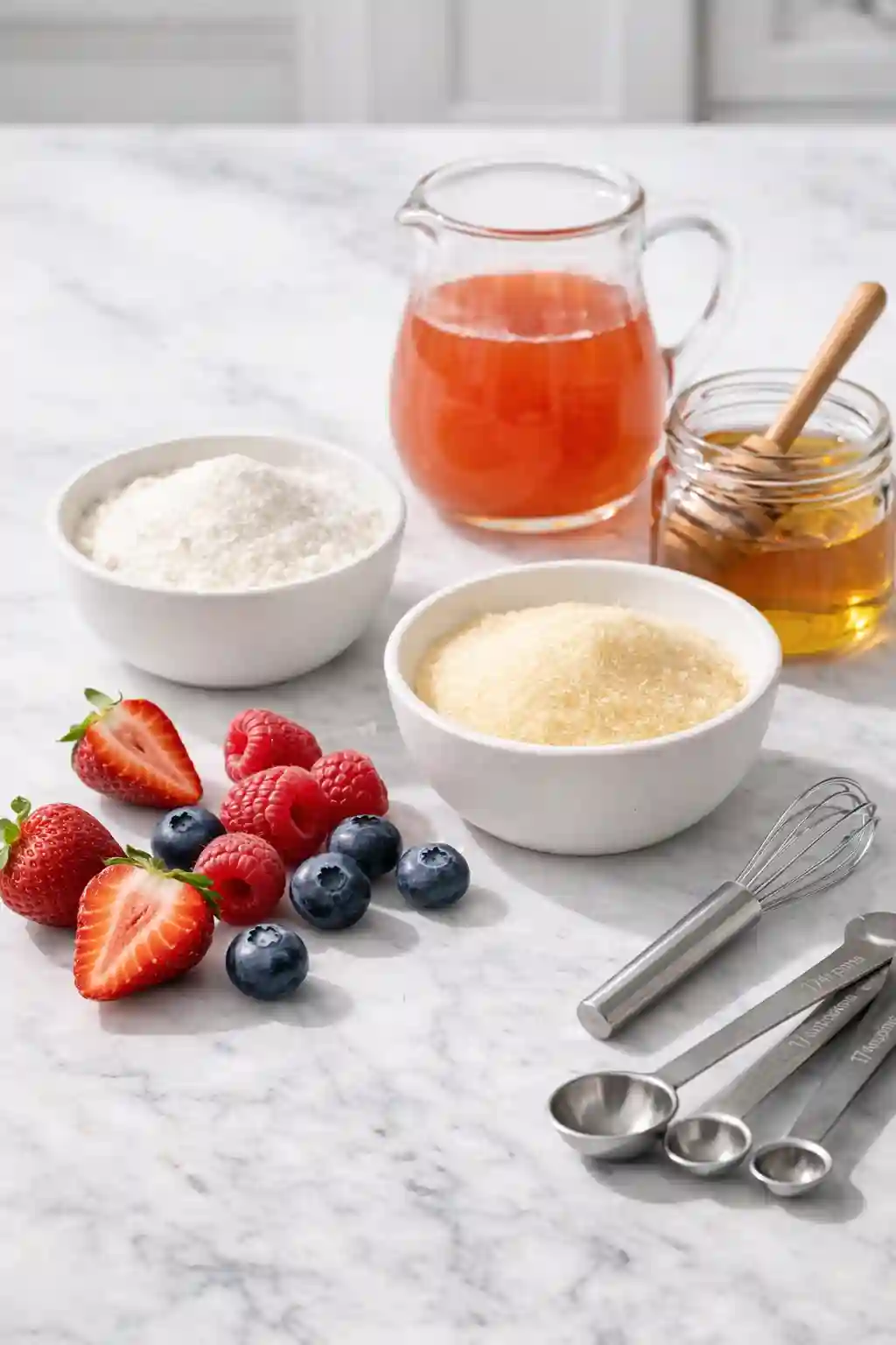 collagen gelatin recipe ingredients including gelatin powder collagen powder fruit juice honey and fresh berries on a marble kitchen counter