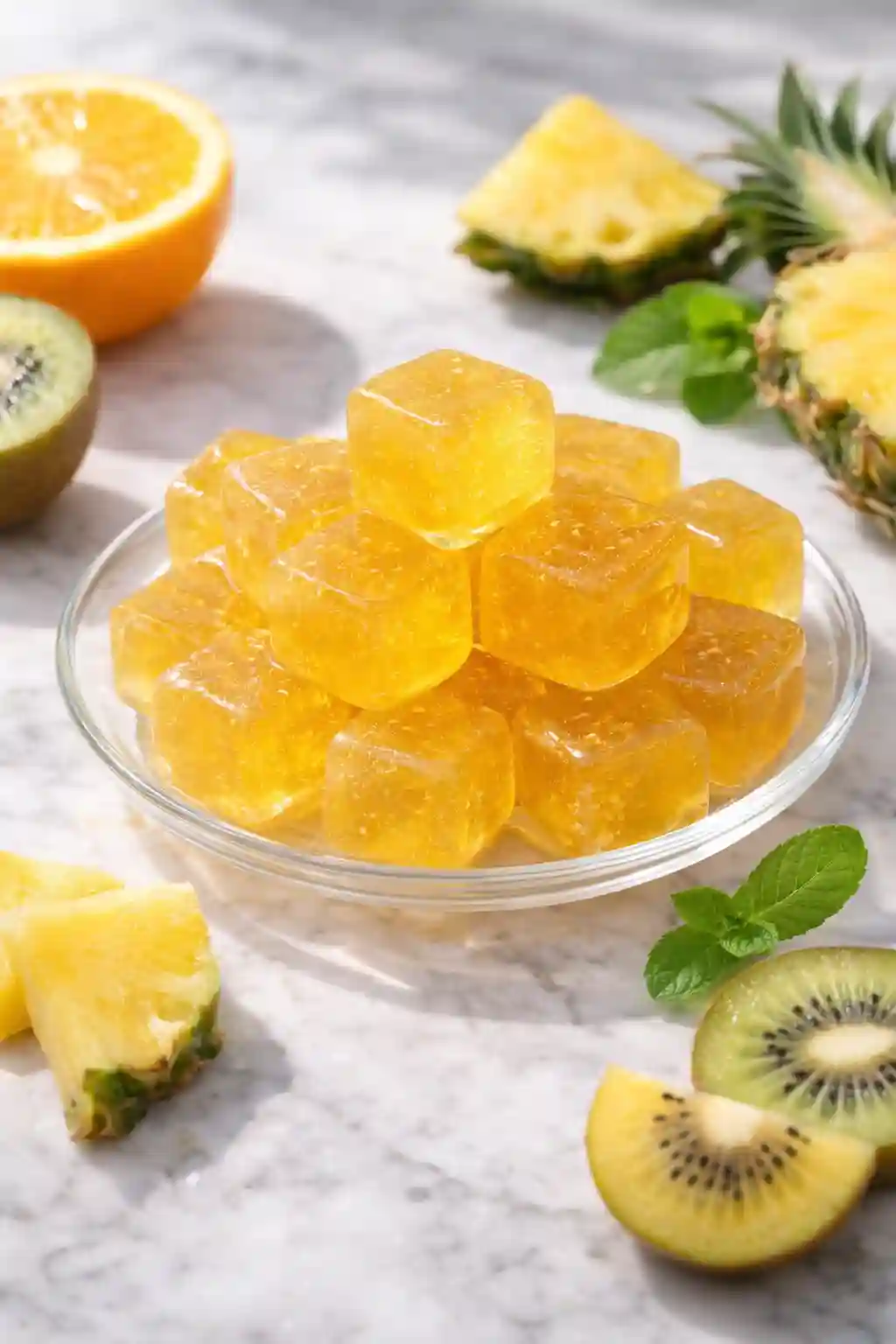collagen gelatin recipe sea moss gummies with tropical fruit served on a plate with pineapple kiwi and orange