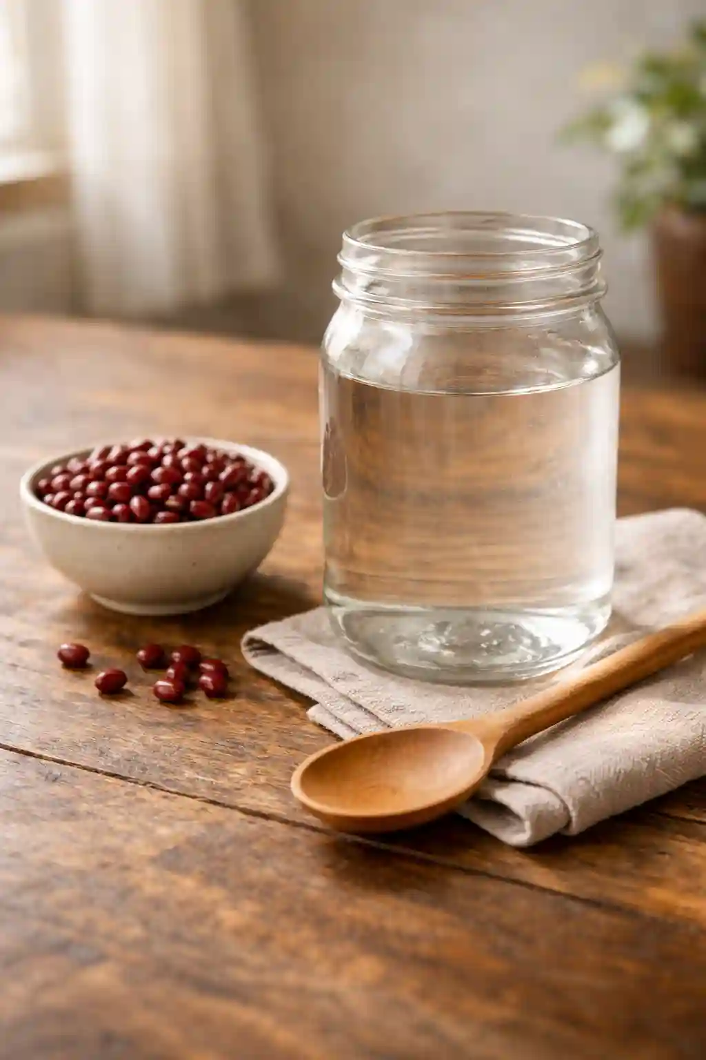 Ingredients for adzuki bean water for weight loss with jar of water, red adzuki beans in a bowl, and wooden spoon on a rustic kitchen table