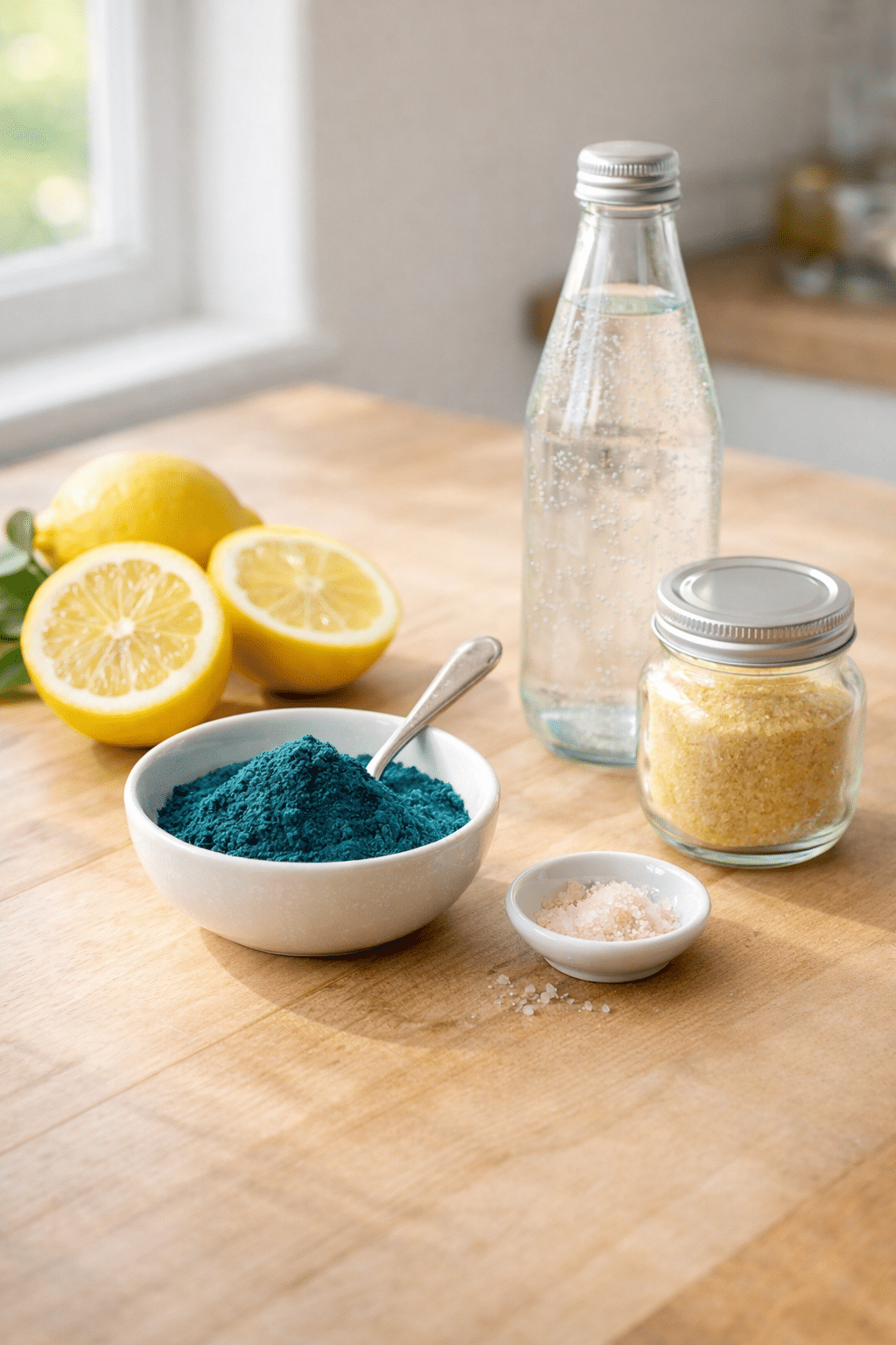 ingredients for blue spirulina lemonade for weight loss with spirulina powder lemons sparkling water and salt