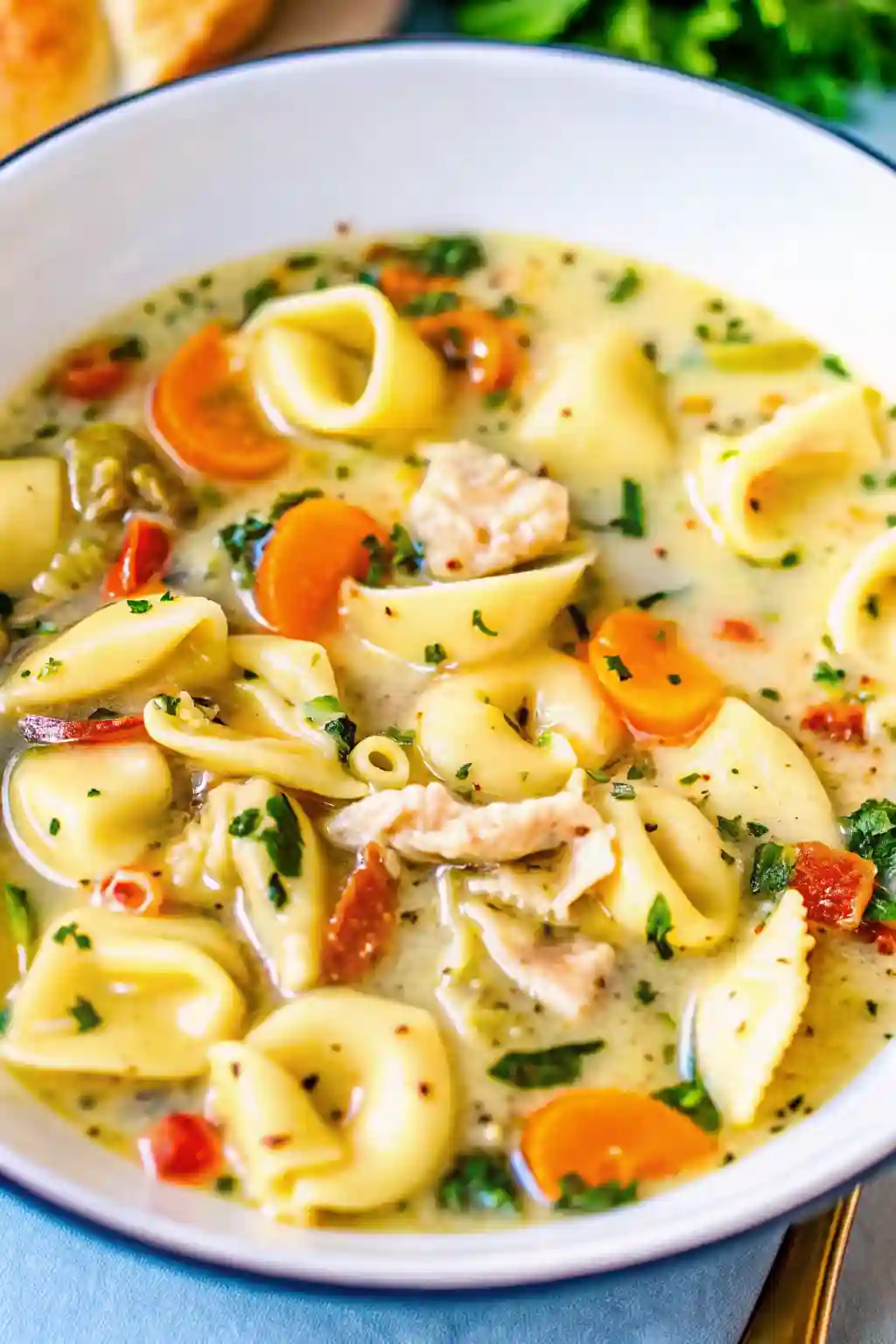 Homemade Chicken Tortellini Soup Bowl Close Up homemade chicken tortellini soup in a bowl with creamy broth tender chicken carrots and cheese tortellini