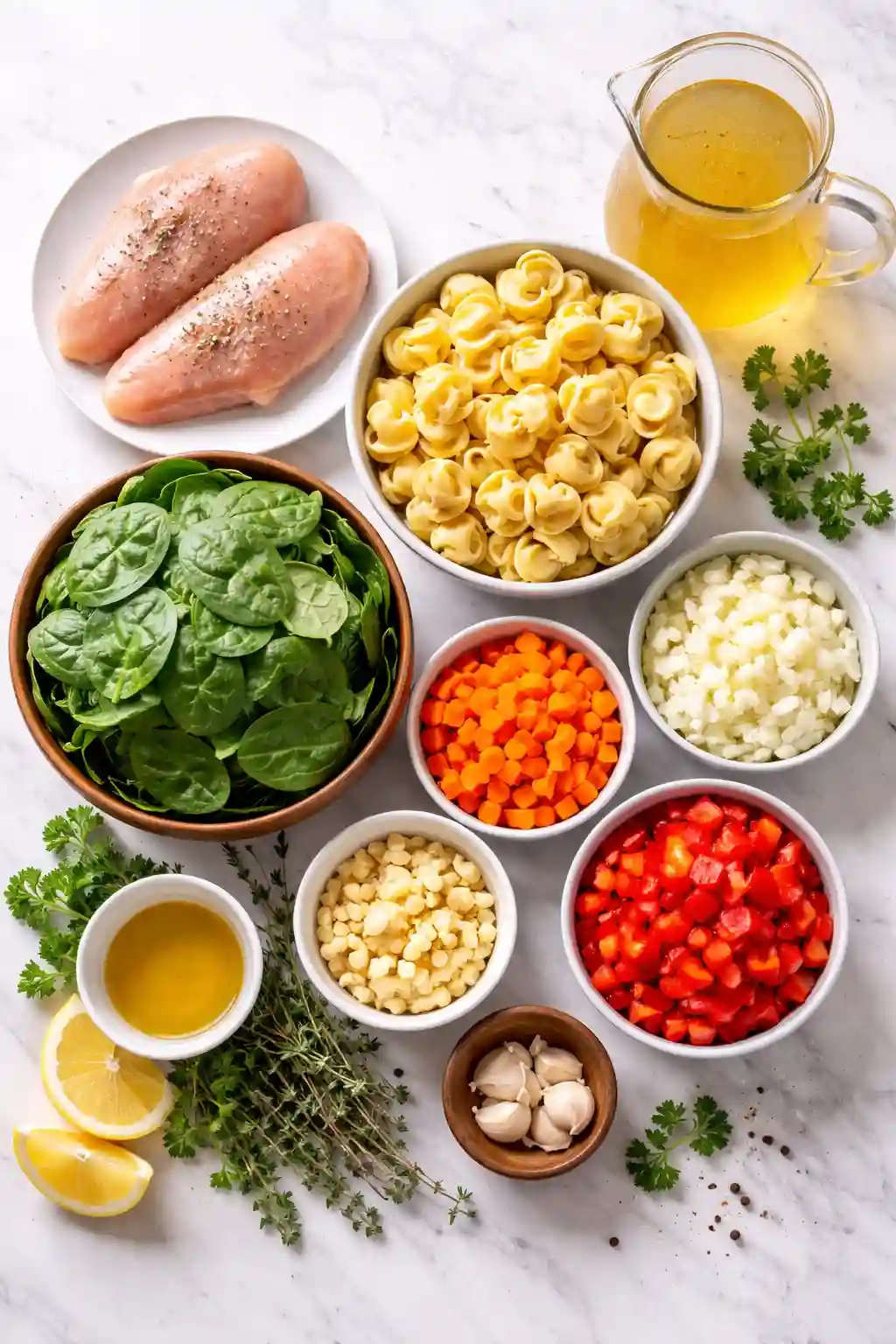 Chicken Tortellini Soup Ingredients Fresh and Simple ingredients for chicken tortellini soup including raw chicken cheese tortellini spinach carrots garlic and vegetables