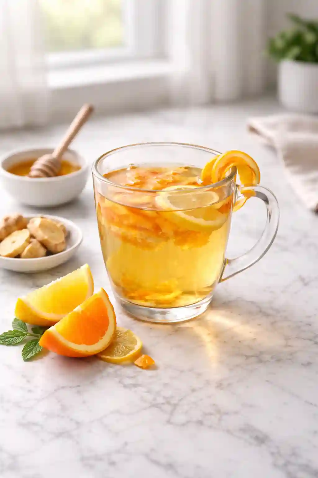 Citrus Peel Tea for Weight Loss Healthy Detox Drink Citrus peel tea for weight loss with orange and lemon slices in a glass cup on marble background
