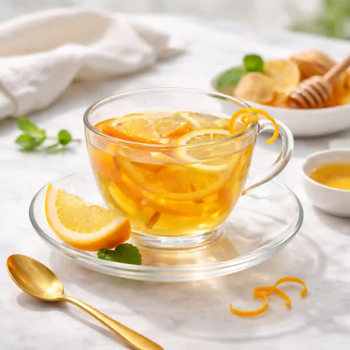 Citrus peel tea for weight loss with orange and lemon slices in a glass cup on marble surface