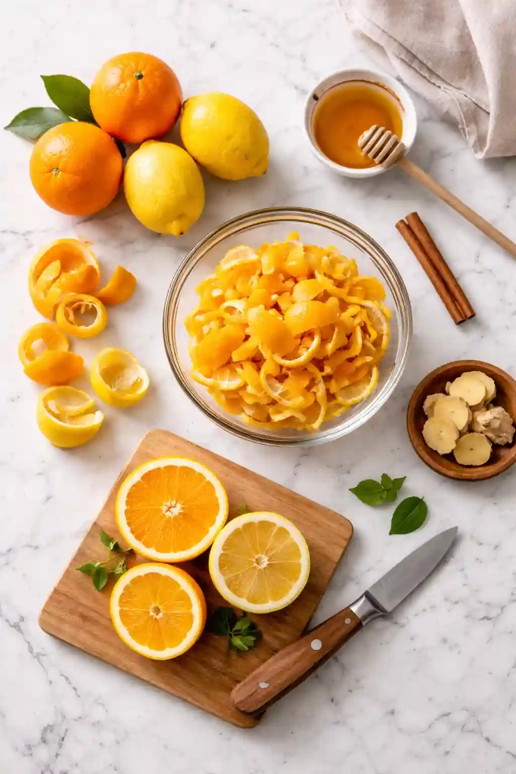 Citrus Peel Tea Ingredients Orange Lemon Ginger and Honey Citrus peel tea ingredients including orange lemon peels ginger honey and cinnamon on marble surface